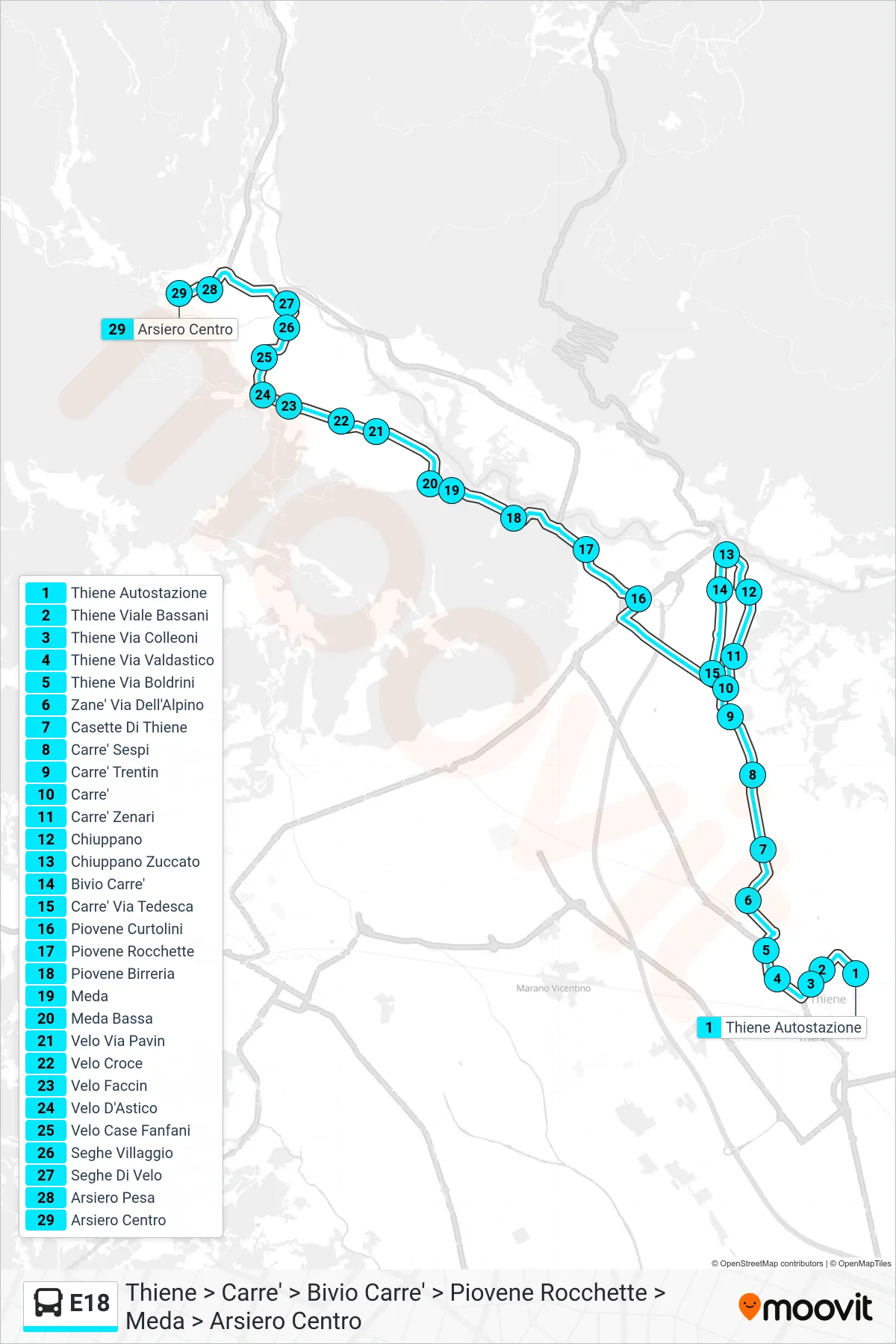 Linea E18 bus (Thiene > Carre' > Bivio Carre' > Piovene Rocchette > Meda > Arsiero Centro) - Percorsi e fermate sulla mappa