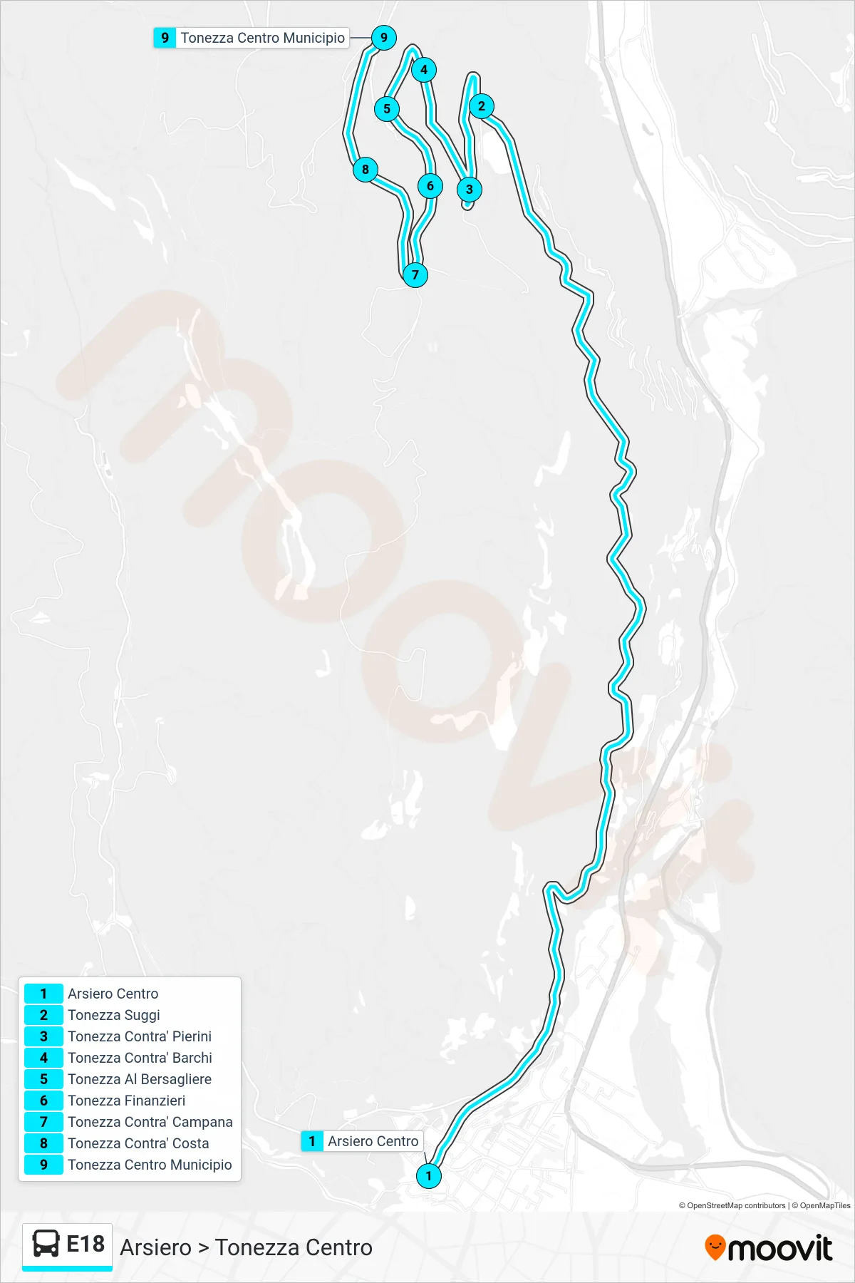 Linea E18 bus (Arsiero > Tonezza Centro) - Percorsi e fermate sulla mappa