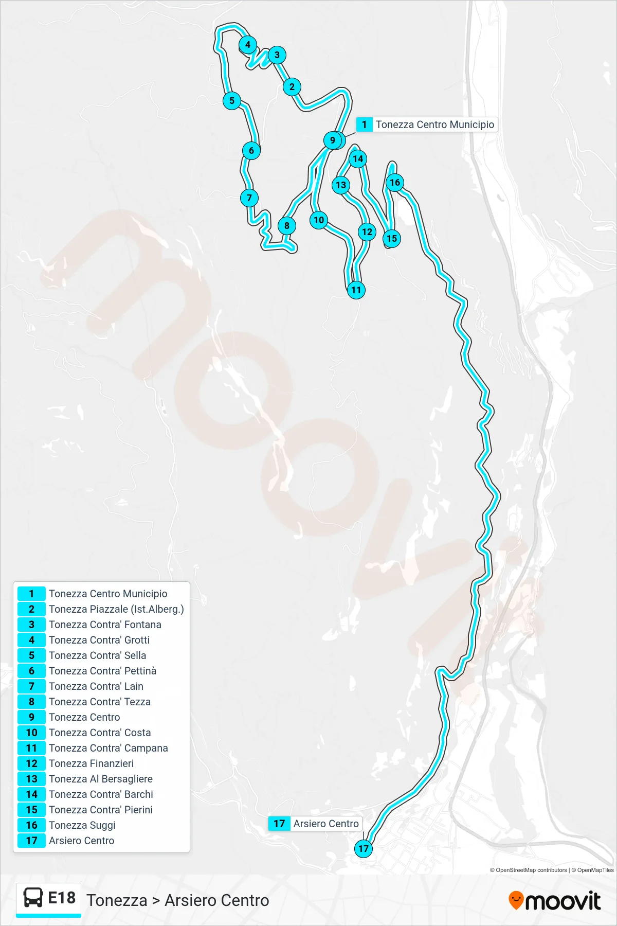 Linea E18 bus (Tonezza > Arsiero Centro) - Percorsi e fermate sulla mappa