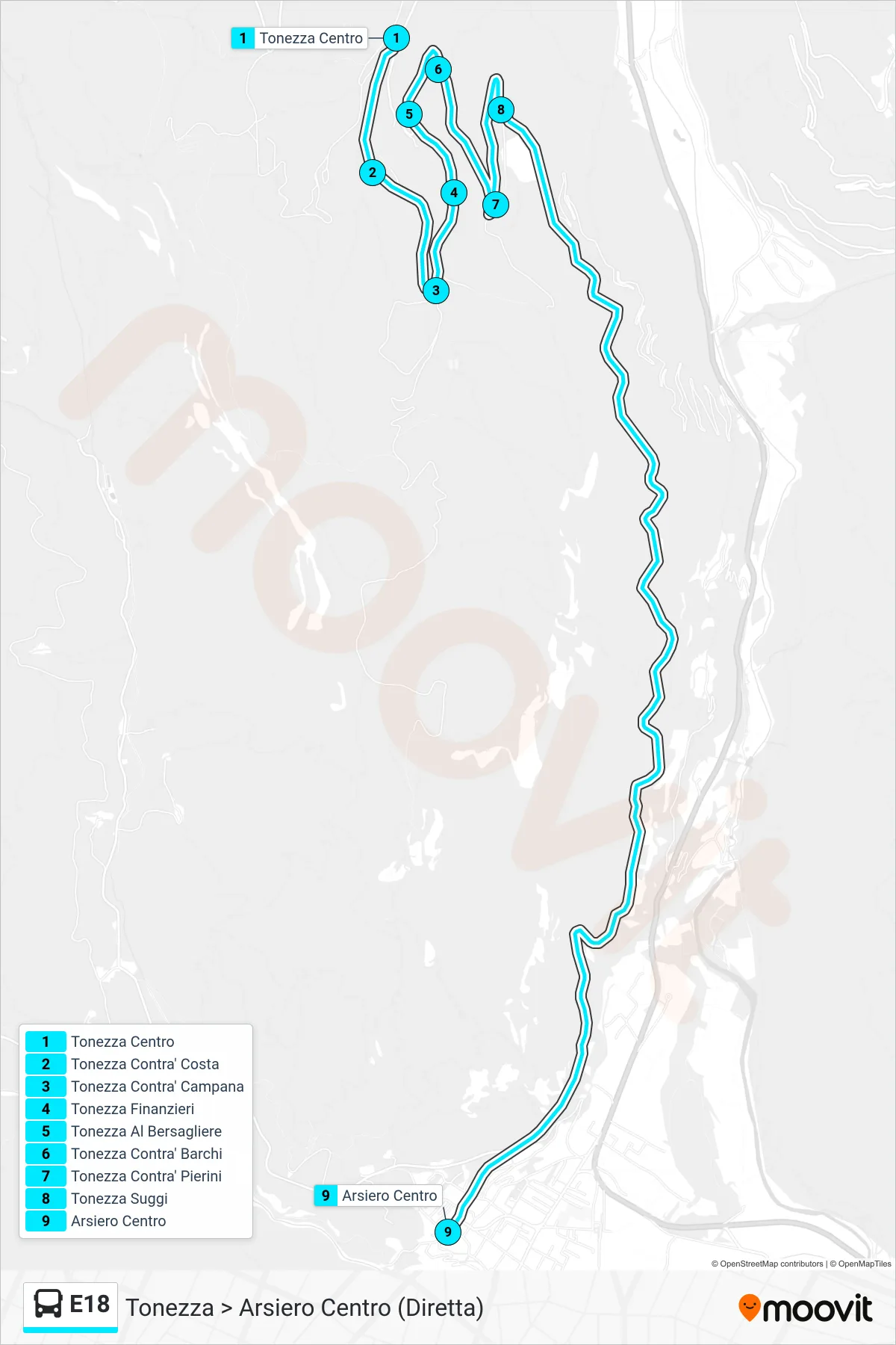 Linea E18 bus (Tonezza > Arsiero Centro (Diretta)) - Percorsi e fermate sulla mappa