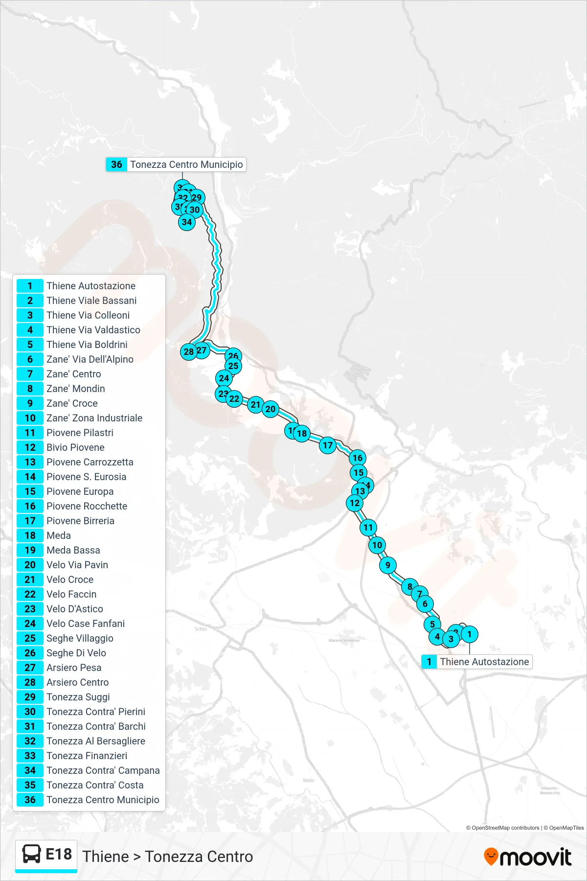 Linea E18 bus (Thiene > Tonezza Centro) - Percorsi e fermate sulla mappa