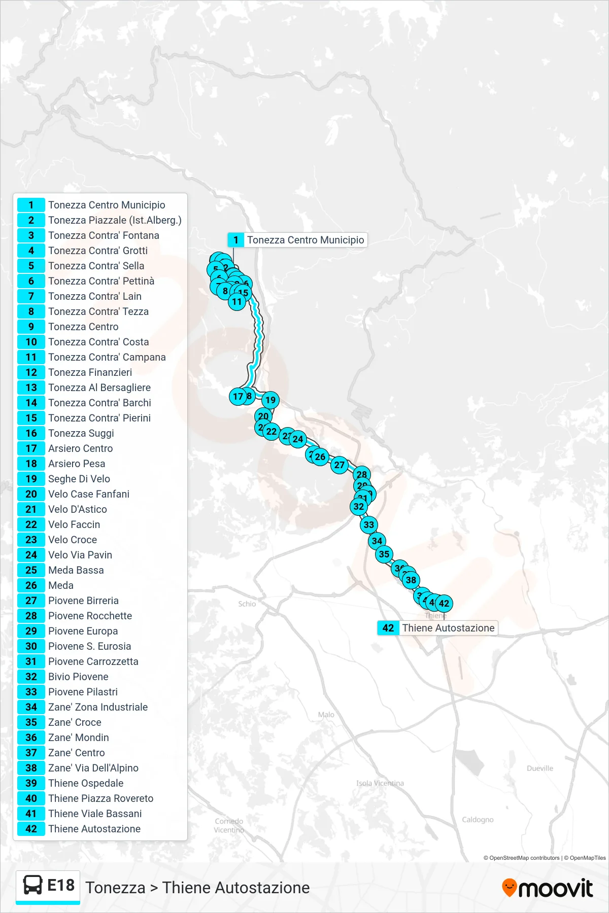 Linea E18 bus (Tonezza > Thiene Autostazione) - Percorsi e fermate sulla mappa