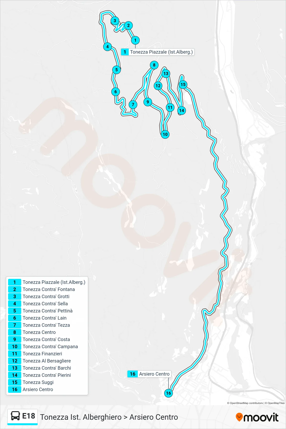 Linea E18 bus (Tonezza Ist. Alberghiero > Arsiero Centro) - Percorsi e fermate sulla mappa