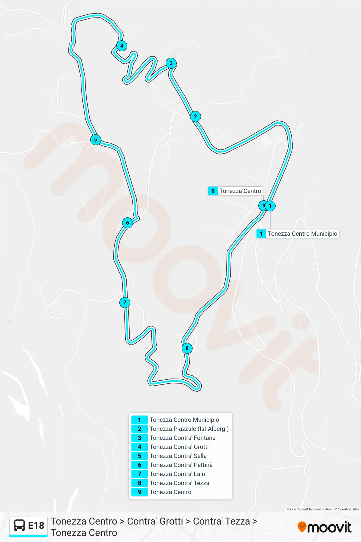Linea E18 bus (Tonezza Centro > Contra' Grotti > Contra' Tezza > Tonezza Centro) - Percorsi e fermate sulla mappa