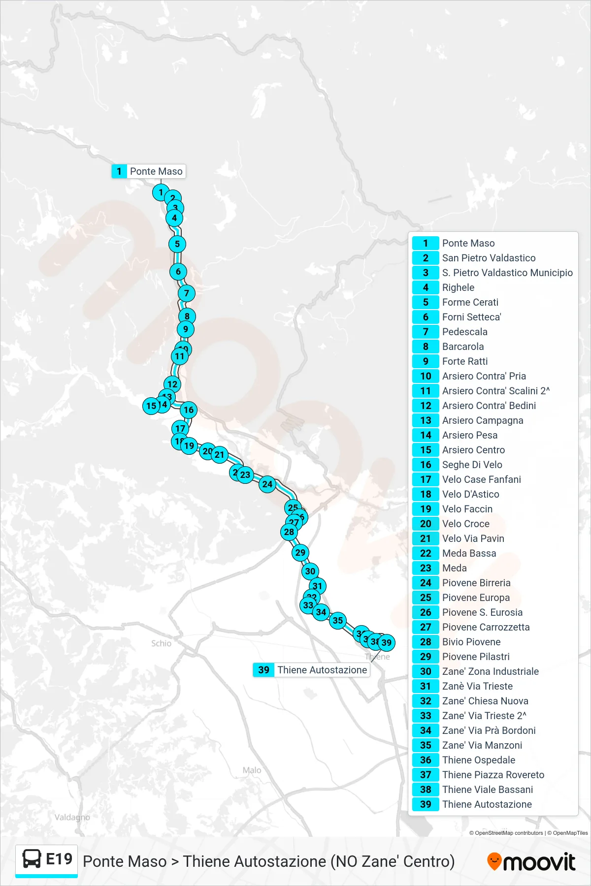Linea E19 bus (Ponte Maso > Thiene Autostazione (NO Zane' Centro)) - Percorsi e fermate sulla mappa