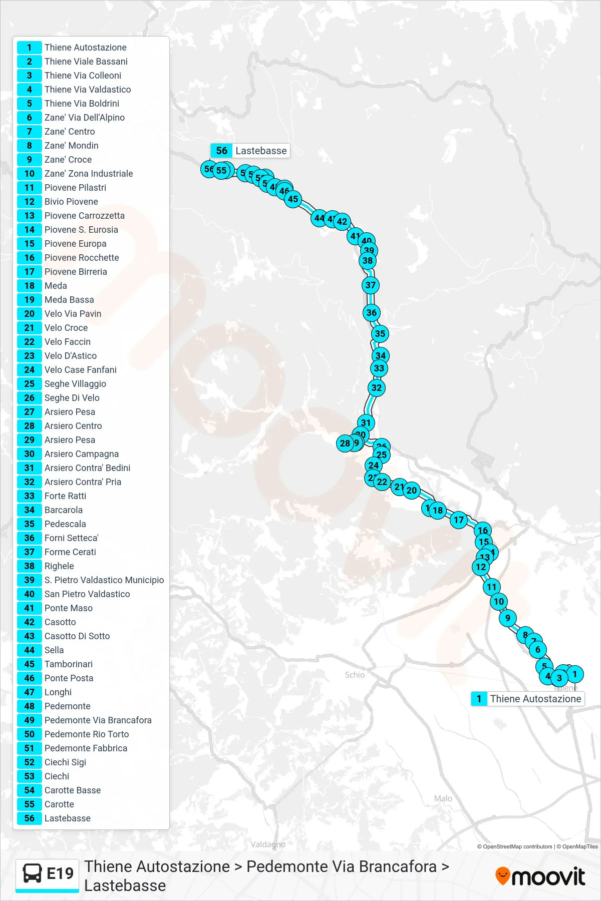 Linea E19 bus (Thiene Autostazione > Pedemonte Via Brancafora > Lastebasse) - Percorsi e fermate sulla mappa