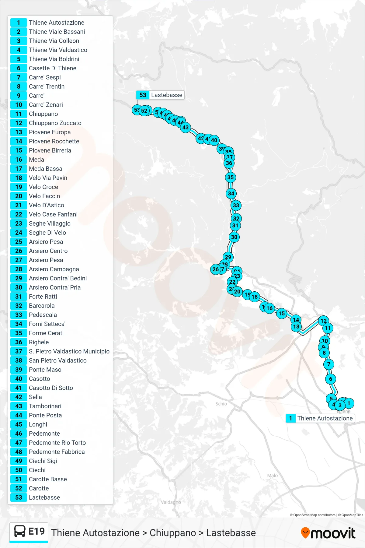 Linea E19  bus (Thiene Autostazione > Chiuppano > Lastebasse) - Percorsi e fermate sulla mappa