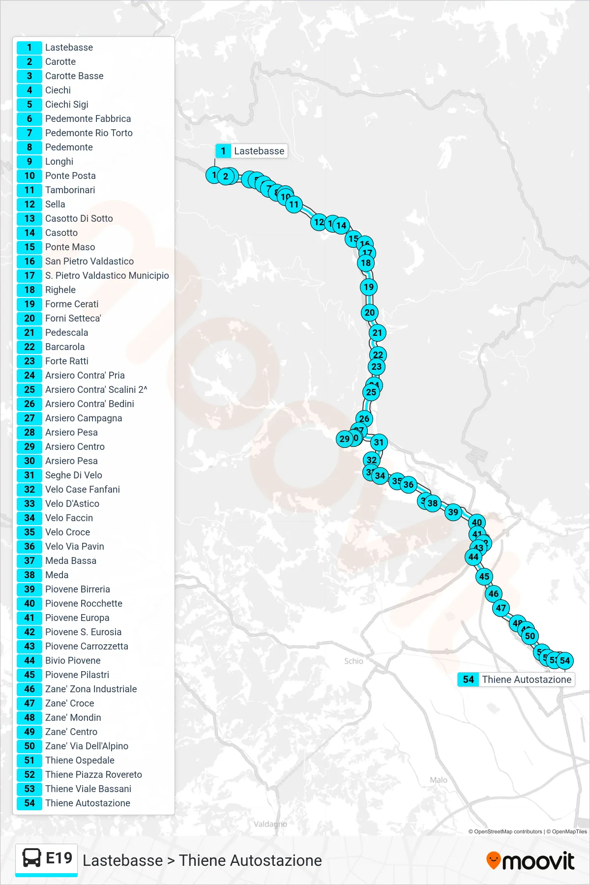 Linea E19 bus (Lastebasse > Thiene Autostazione) - Percorsi e fermate sulla mappa
