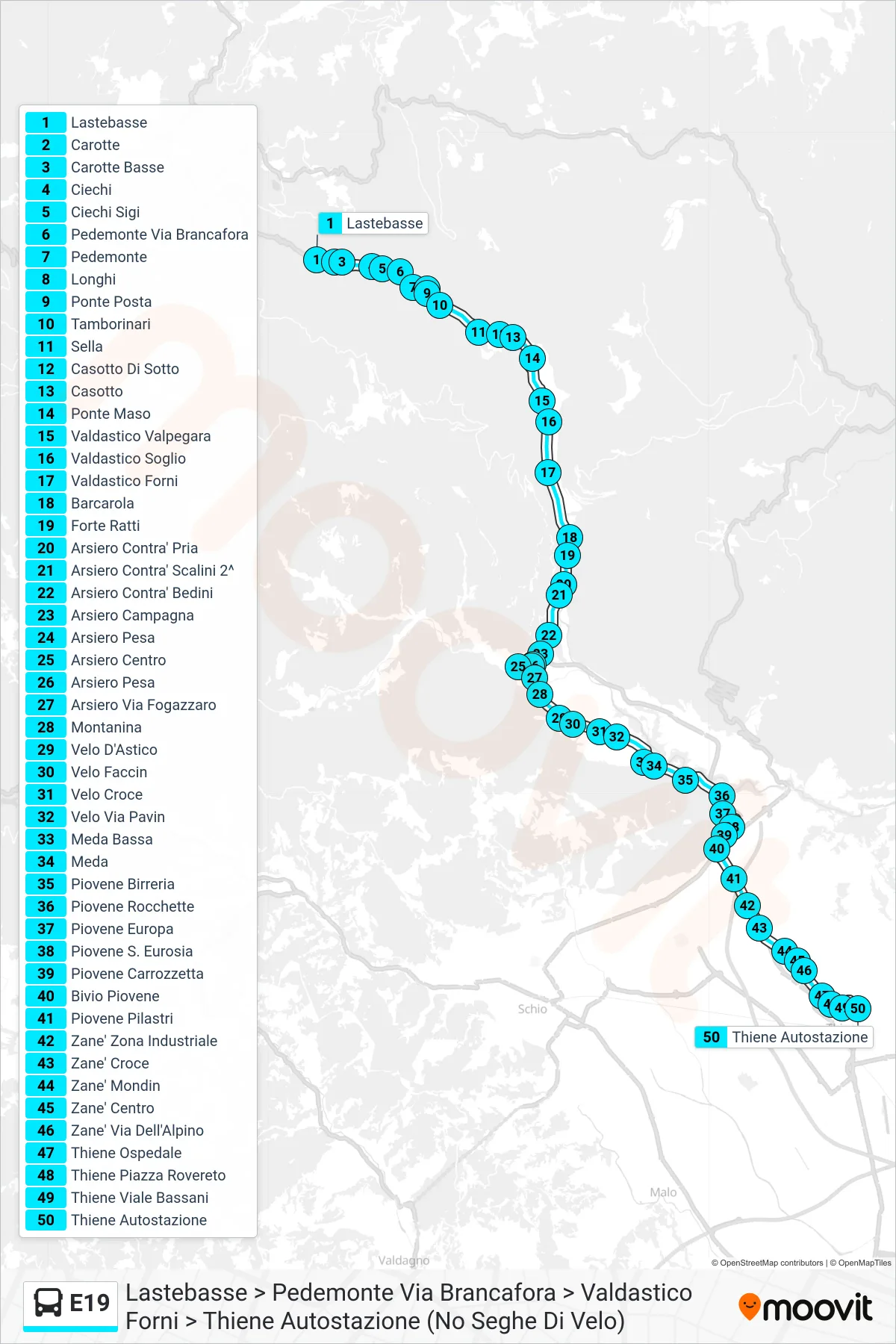 Linea E19 bus (Lastebasse > Pedemonte Via Brancafora > Valdastico Forni > Thiene Autostazione (No Seghe Di Velo)) - Percorsi e fermate sulla mappa