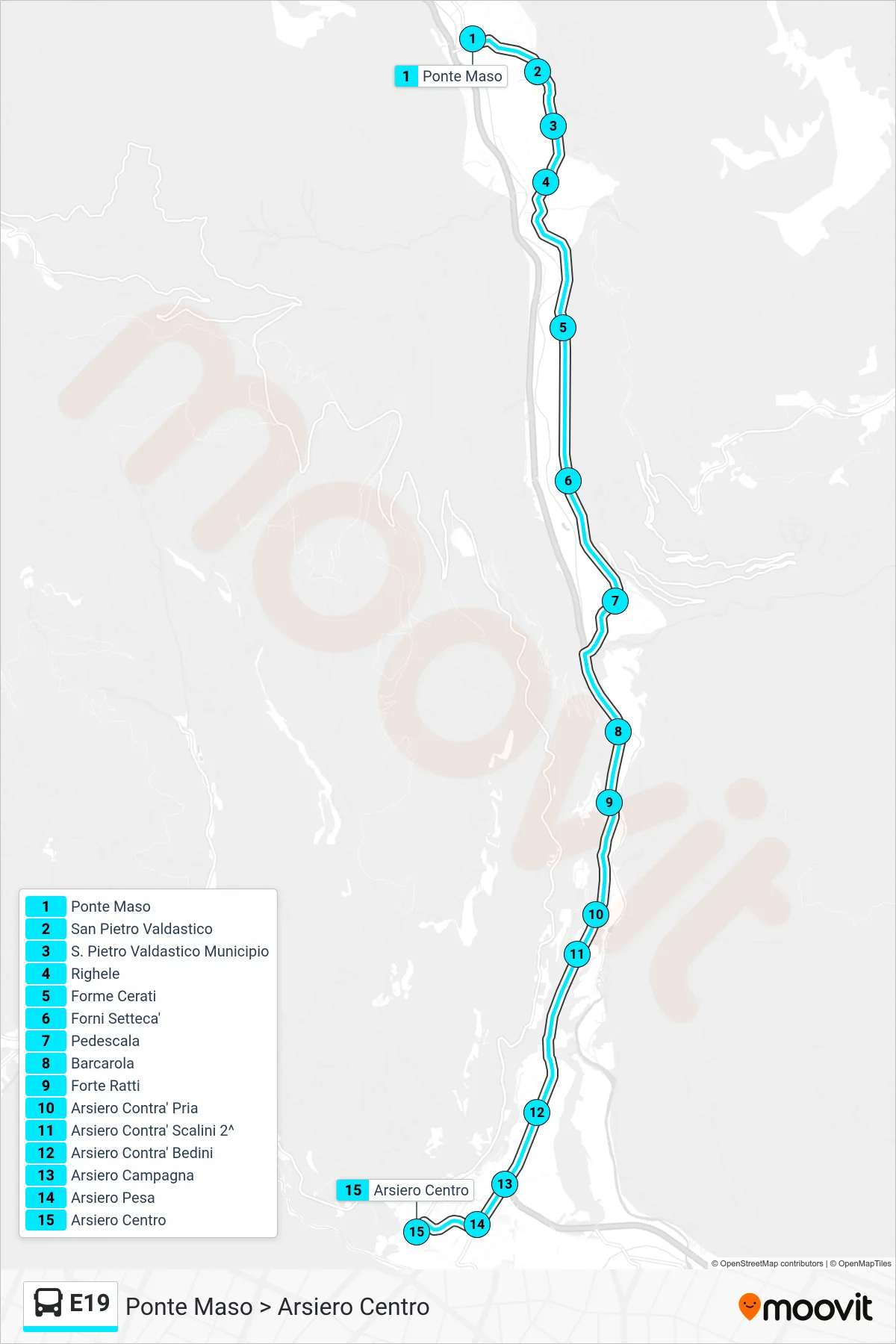 Linea E19 bus (Ponte Maso > Arsiero Centro) - Percorsi e fermate sulla mappa