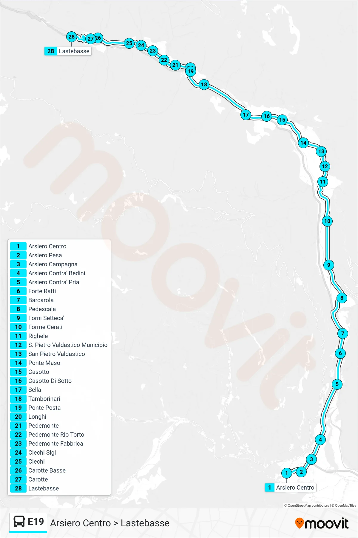Linea E19 bus (Arsiero Centro > Lastebasse) - Percorsi e fermate sulla mappa
