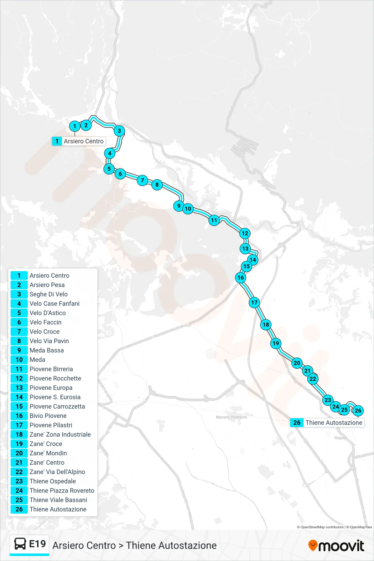 Linea E19  bus (Arsiero Centro > Thiene Autostazione) - Percorsi e fermate sulla mappa
