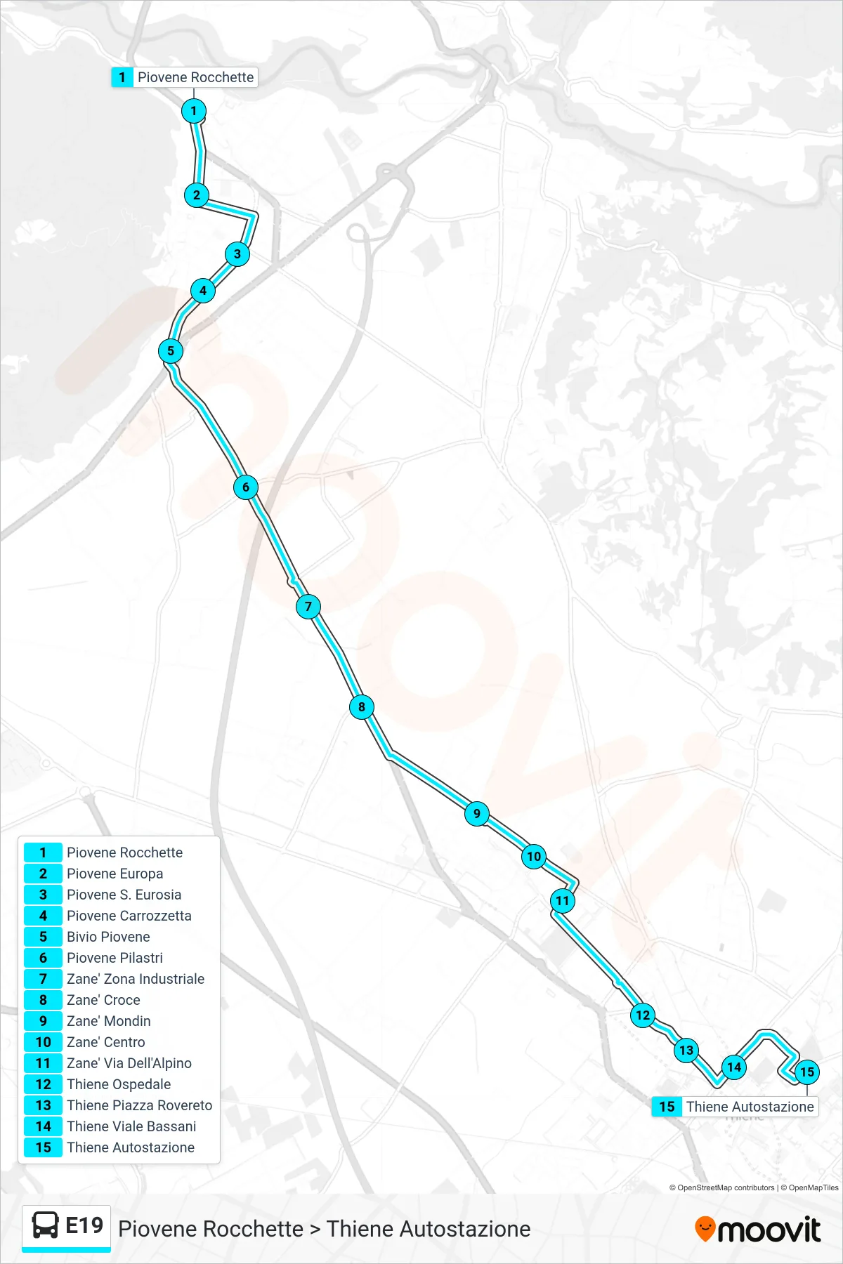 Linea E19 bus (Piovene Rocchette > Thiene Autostazione) - Percorsi e fermate sulla mappa