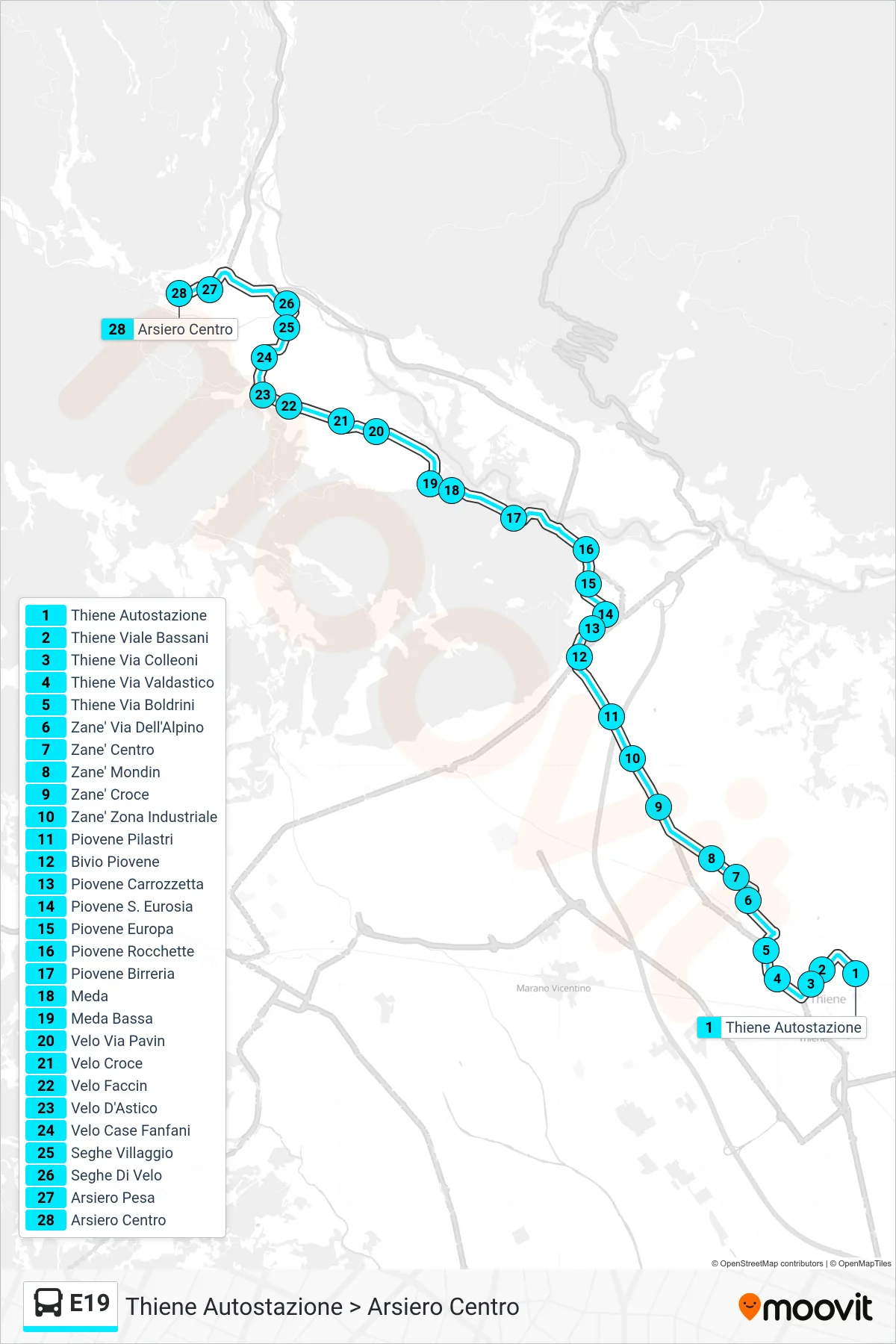 Linea E19  bus (Thiene Autostazione > Arsiero Centro) - Percorsi e fermate sulla mappa