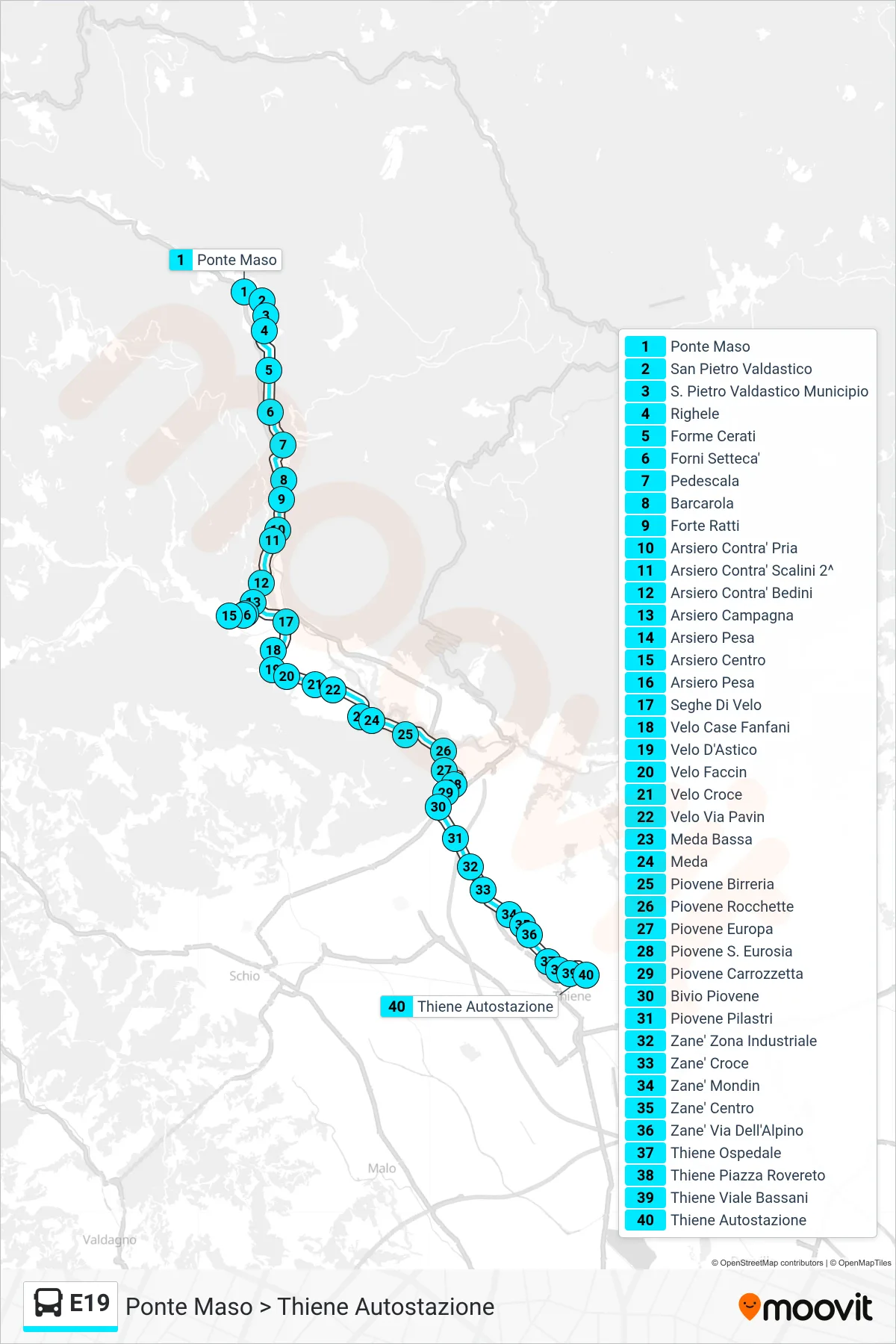 Linea E19 bus (Ponte Maso > Thiene Autostazione) - Percorsi e fermate sulla mappa
