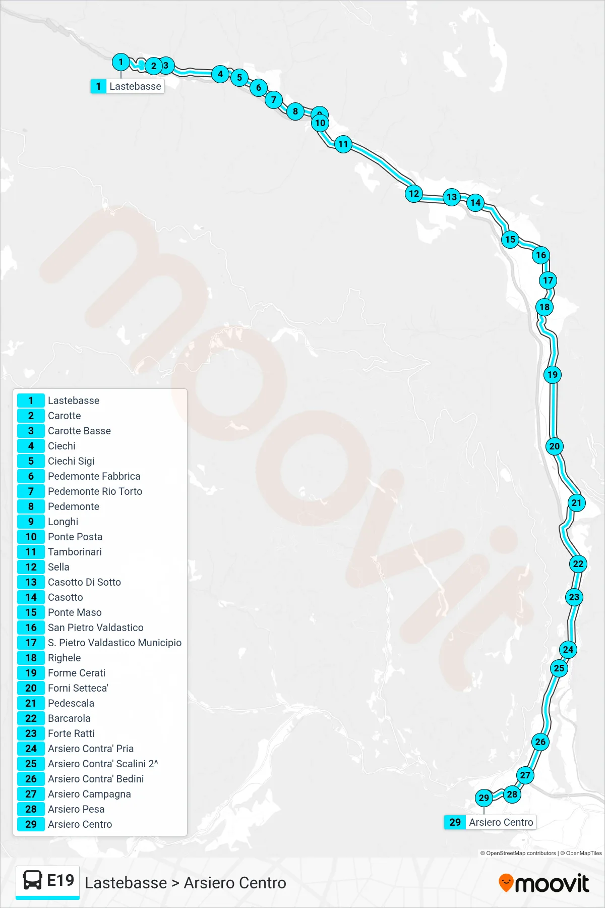 Linea E19 bus (Lastebasse > Arsiero Centro) - Percorsi e fermate sulla mappa