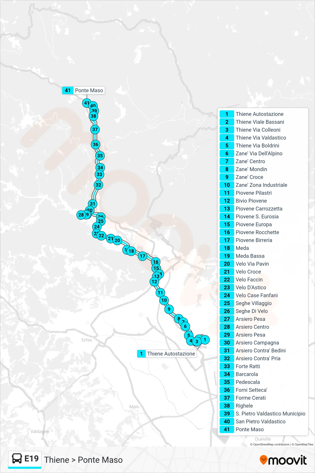 Linea E19 bus (Thiene > Ponte Maso) - Percorsi e fermate sulla mappa