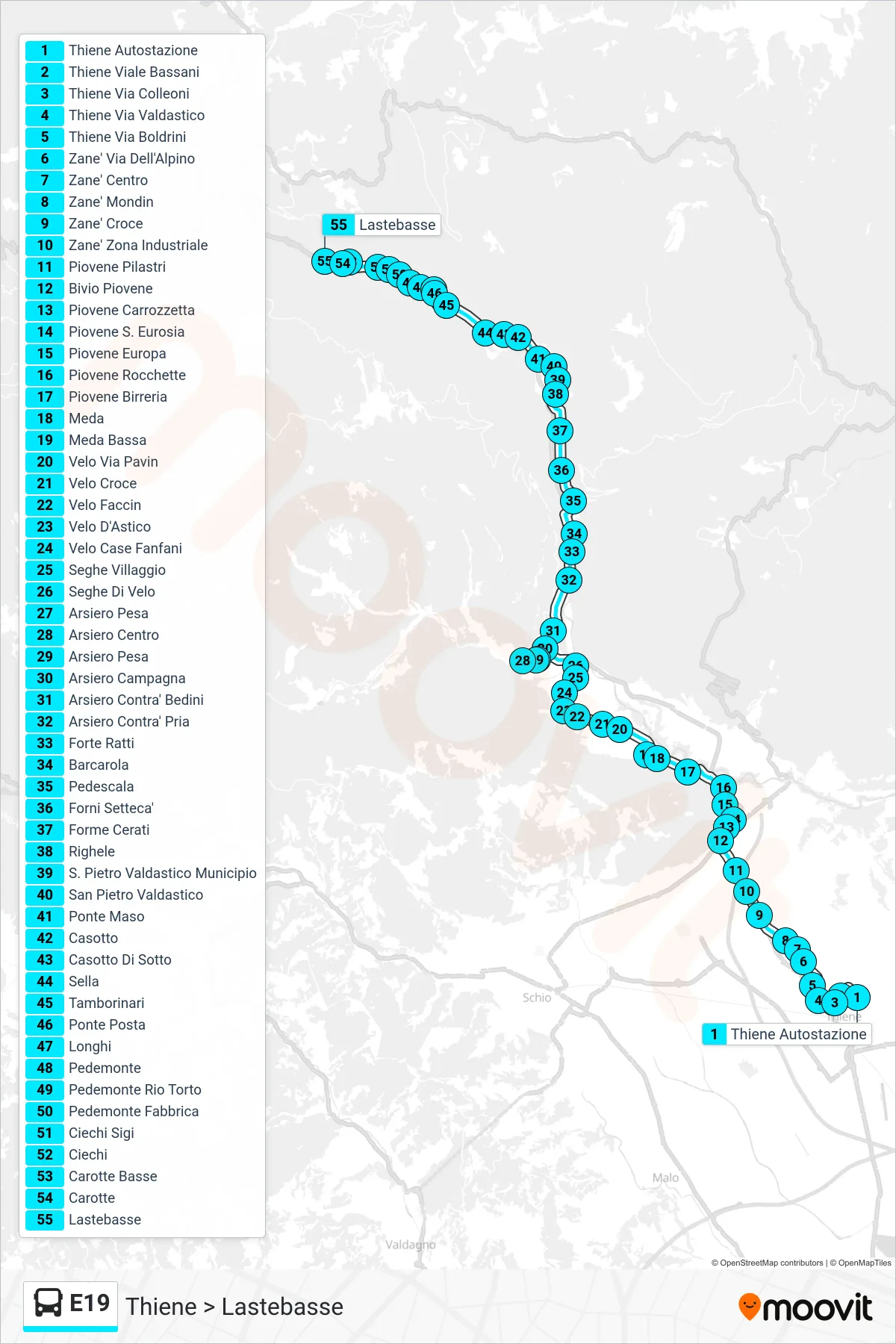 Linea E19 bus (Thiene > Lastebasse) - Percorsi e fermate sulla mappa