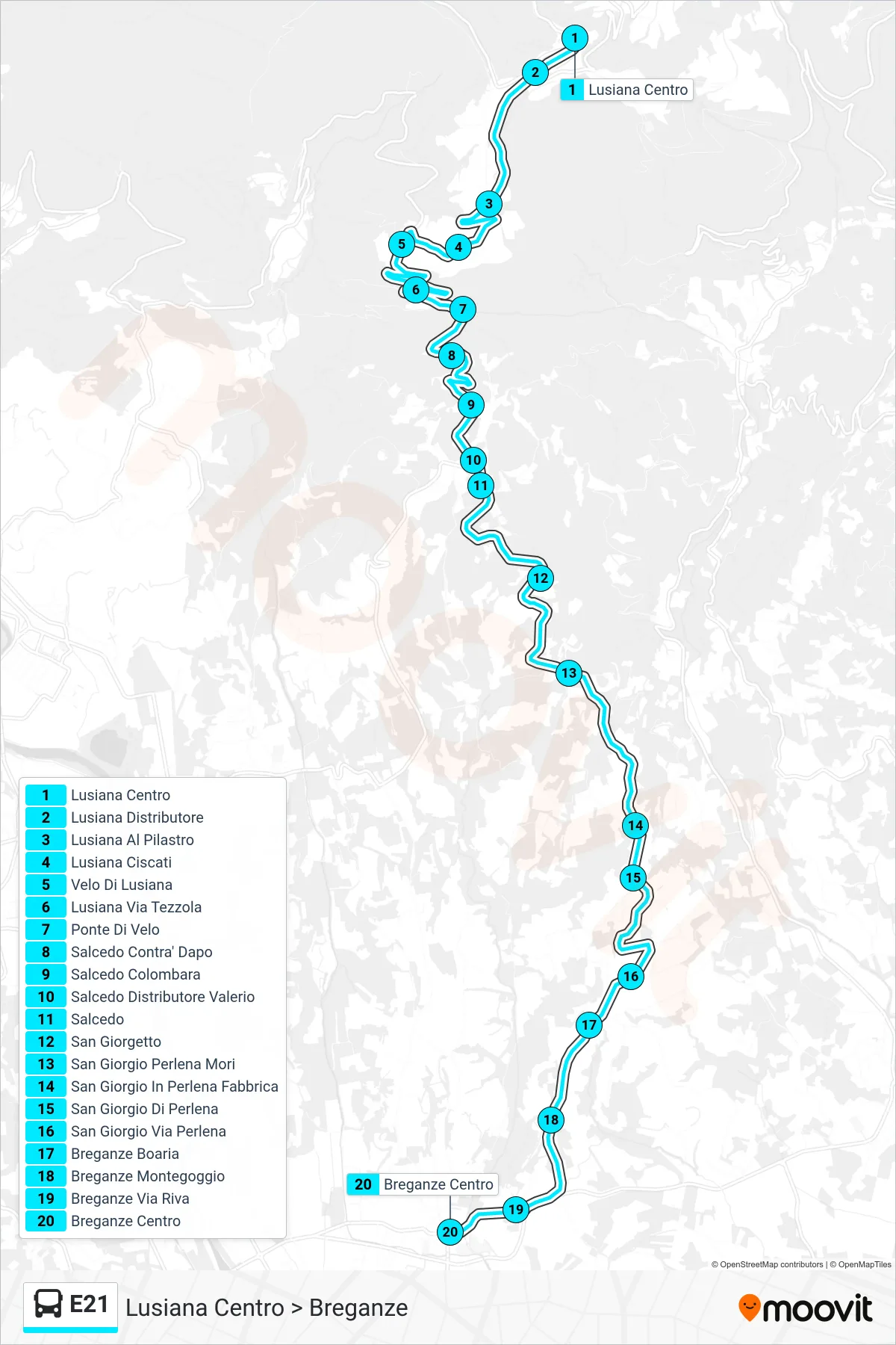 Linea E21 bus (Lusiana Centro > Breganze) - Percorsi e fermate sulla mappa
