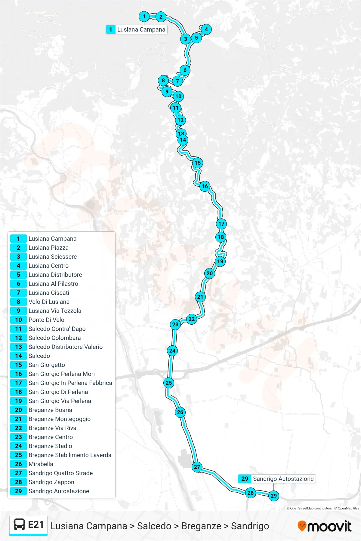 Linea E21 bus (Lusiana Campana > Salcedo > Breganze > Sandrigo) - Percorsi e fermate sulla mappa