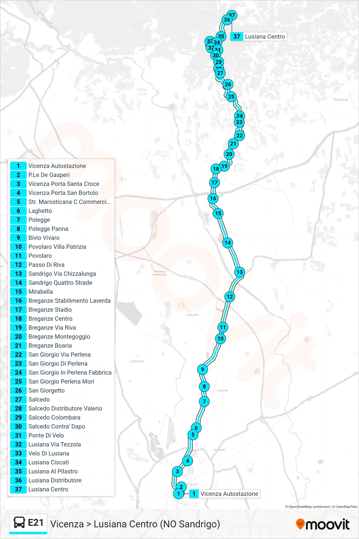 Linea E21  bus (Vicenza > Lusiana Centro (NO Sandrigo)) - Percorsi e fermate sulla mappa