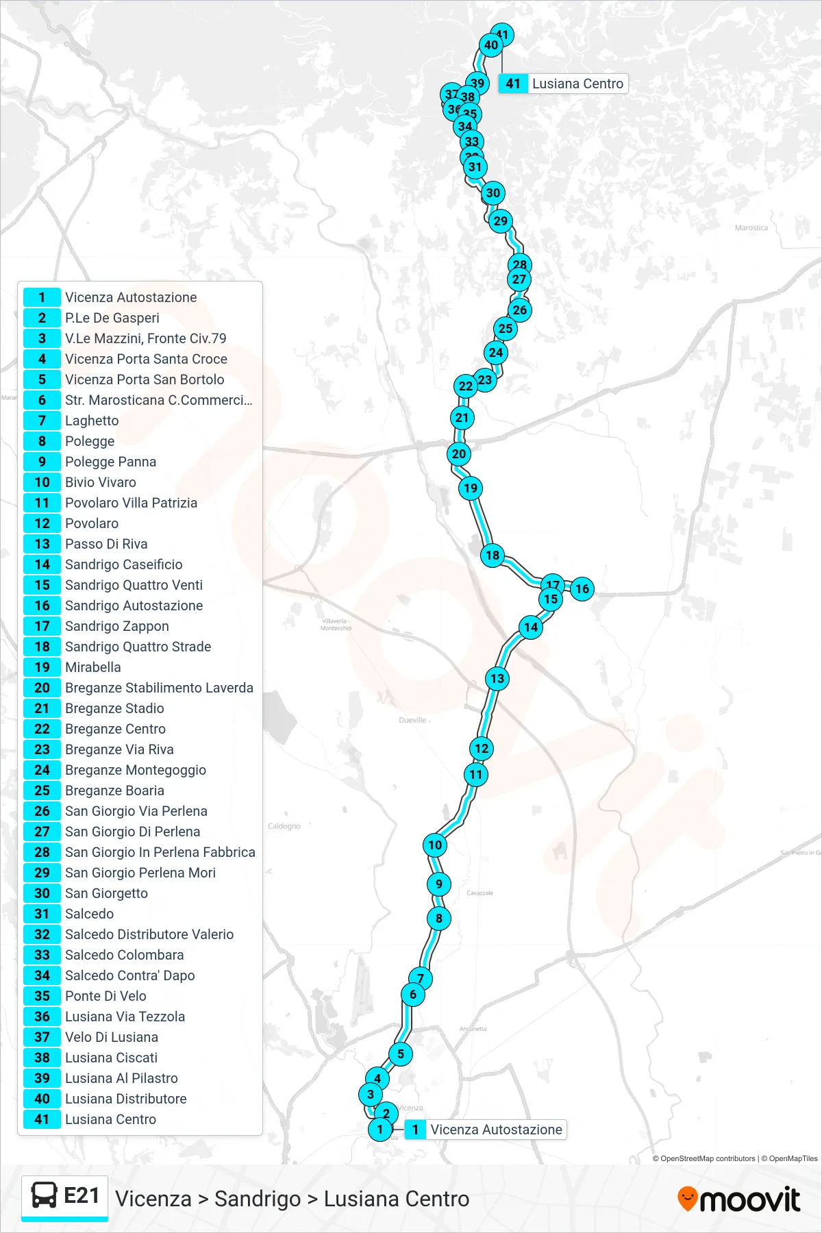 Linea E21 bus (Vicenza > Sandrigo > Lusiana Centro) - Percorsi e fermate sulla mappa