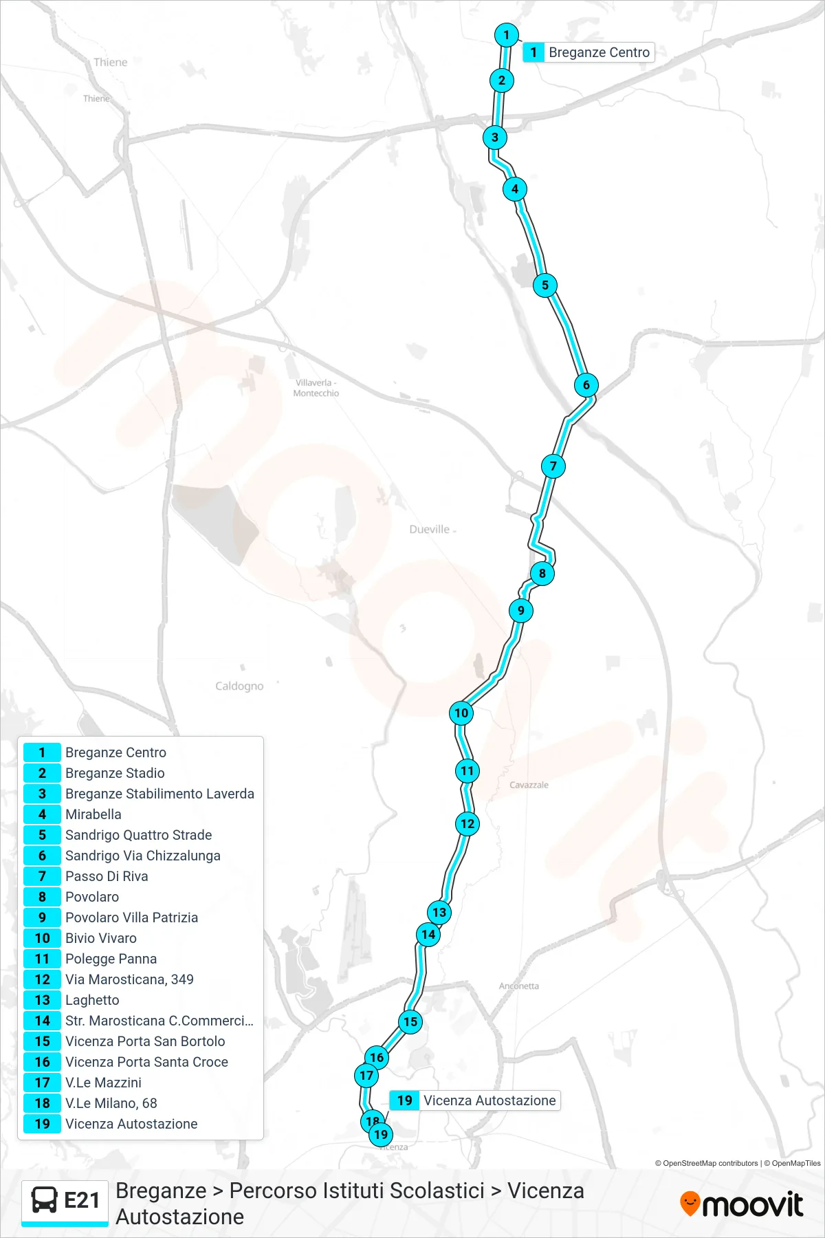 Linea E21 bus (Breganze > Percorso Istituti Scolastici > Vicenza Autostazione) - Percorsi e fermate sulla mappa
