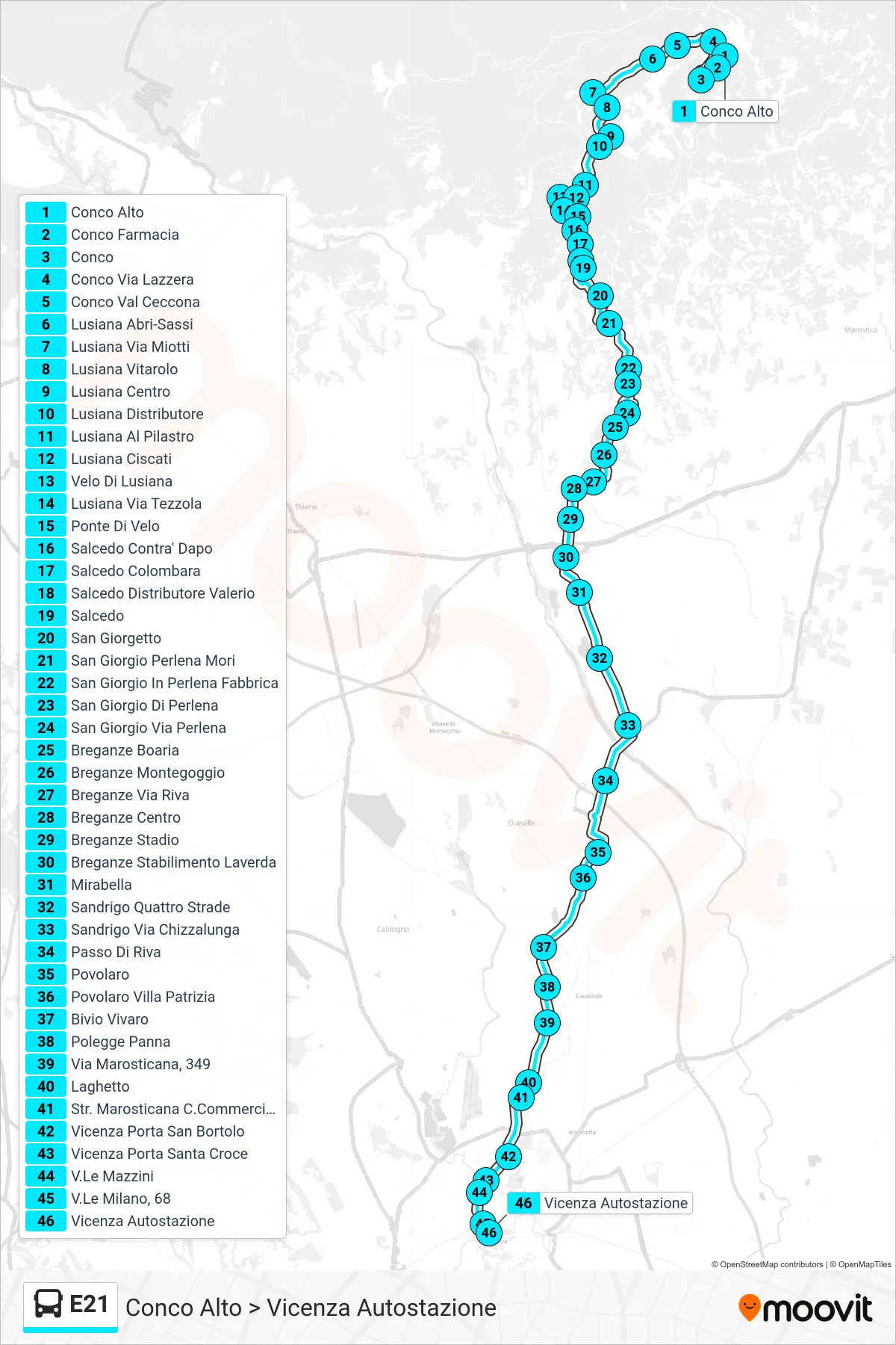 Linea E21  bus (Conco Alto > Vicenza Autostazione) - Percorsi e fermate sulla mappa