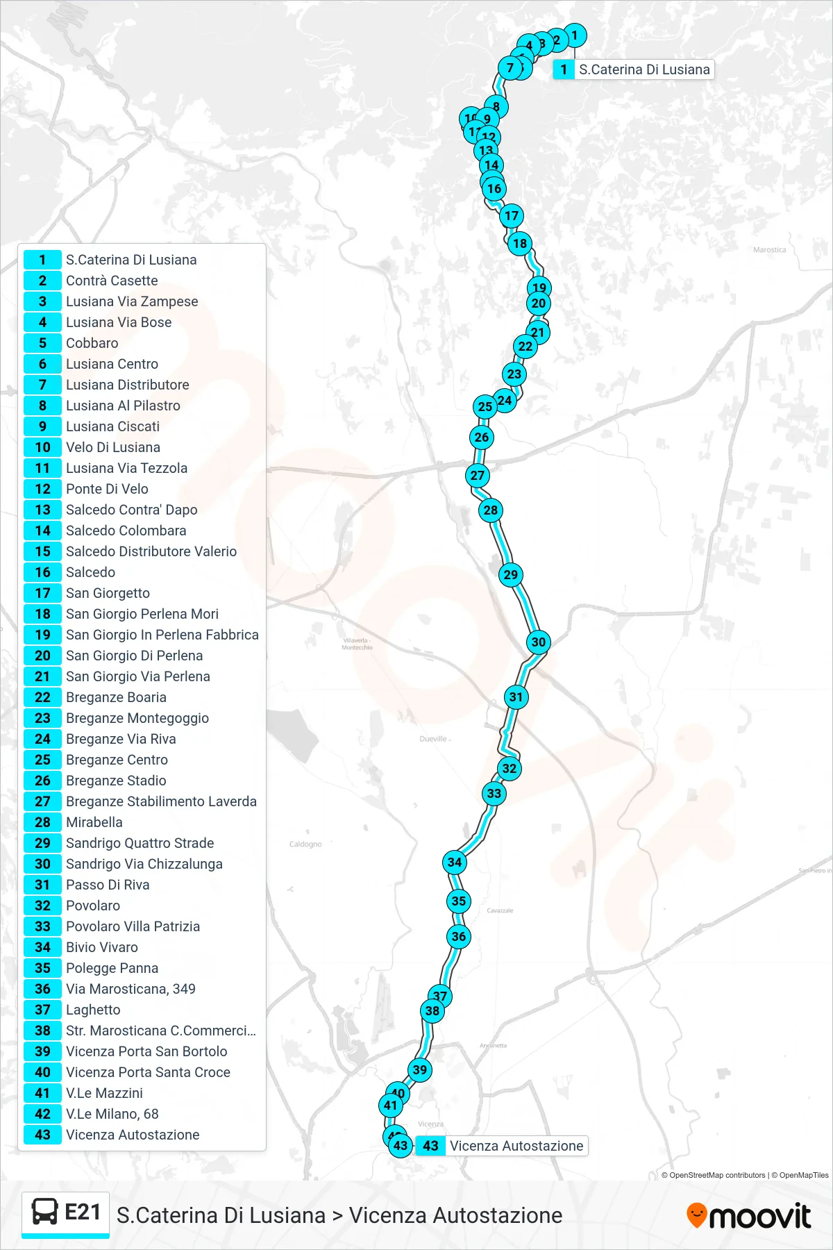 Linea E21  bus (S.Caterina Di Lusiana > Vicenza Autostazione) - Percorsi e fermate sulla mappa