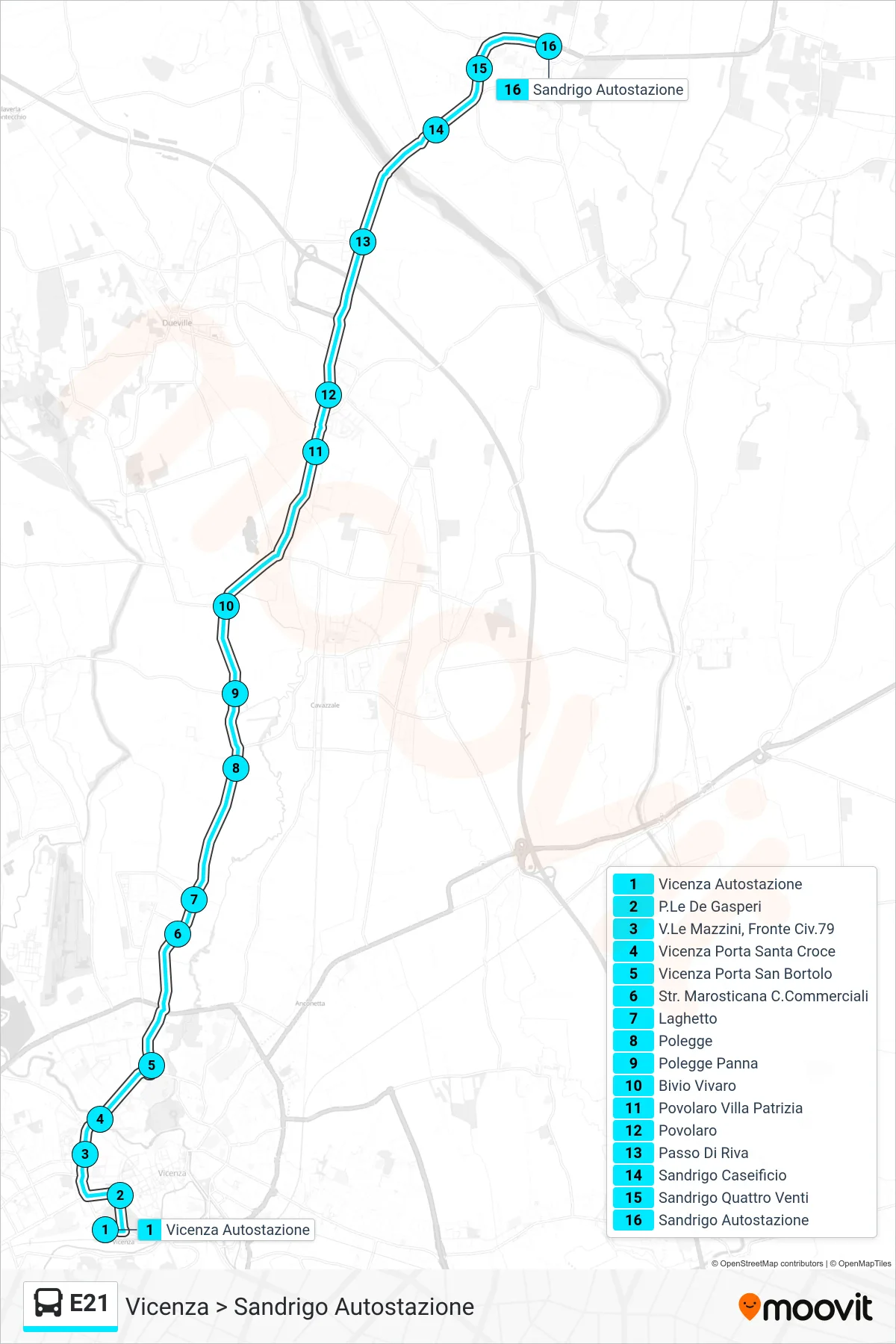 Linea E21  bus (Vicenza > Sandrigo Autostazione) - Percorsi e fermate sulla mappa