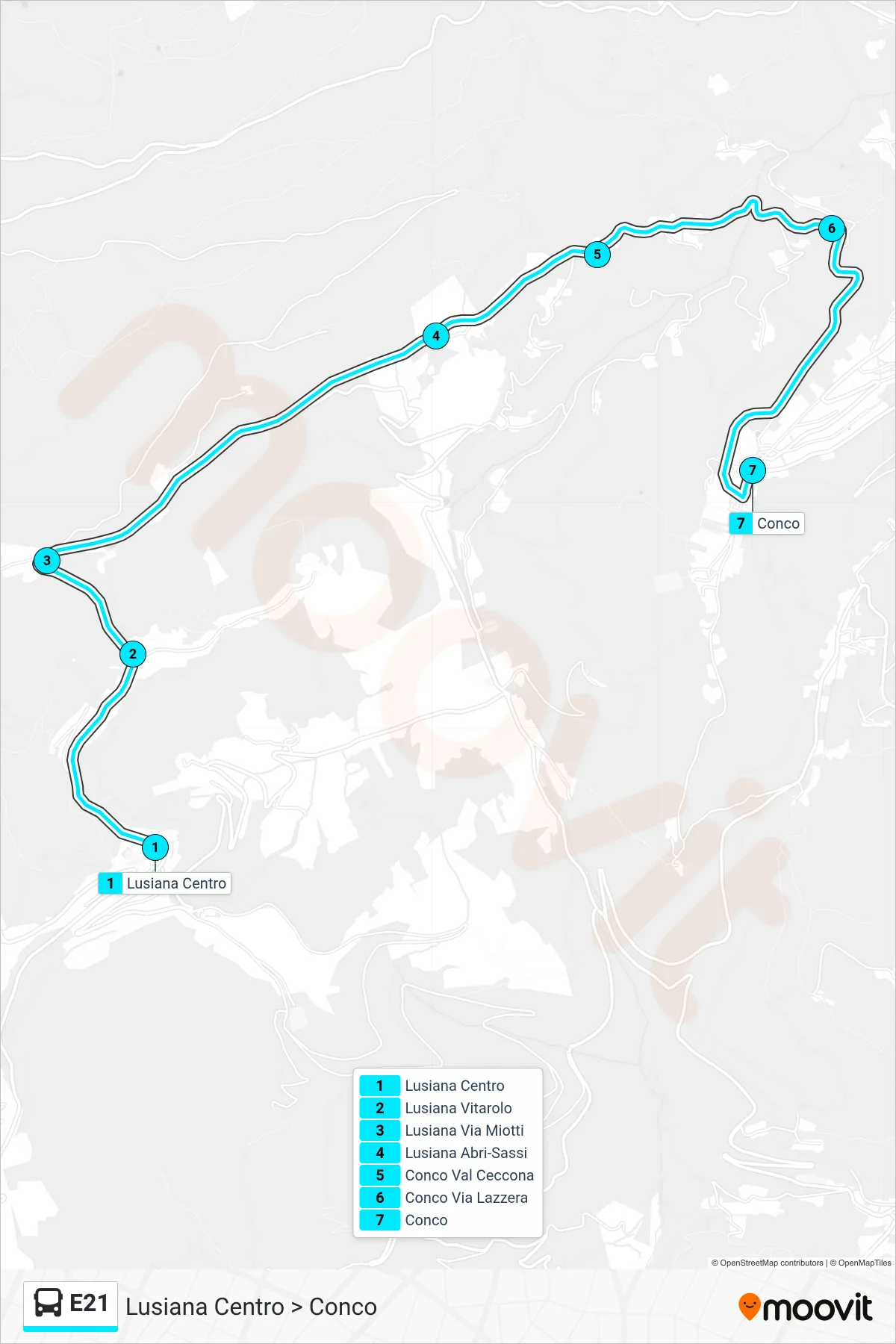 Linea E21  bus (Lusiana Centro > Conco) - Percorsi e fermate sulla mappa