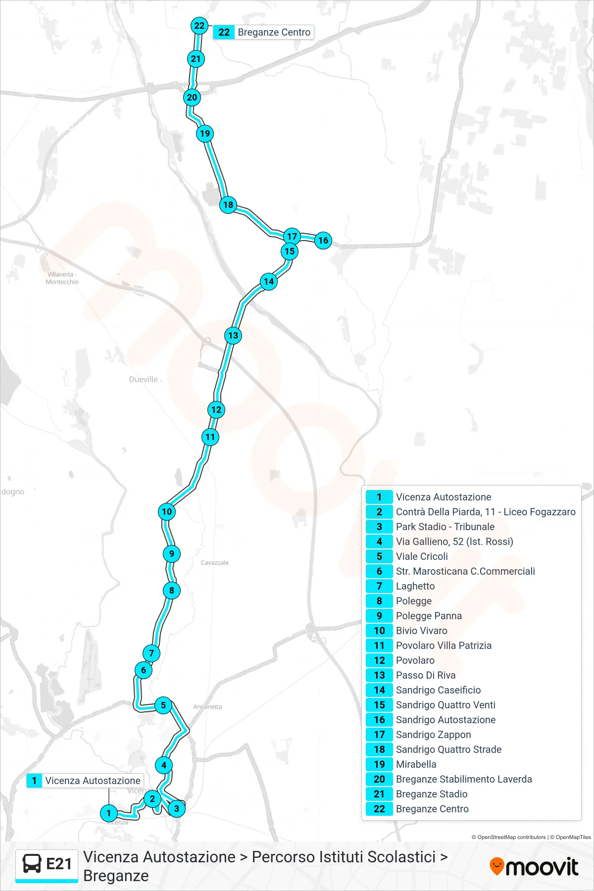 Linea E21  bus (Vicenza Autostazione > Percorso Istituti Scolastici > Breganze) - Percorsi e fermate sulla mappa