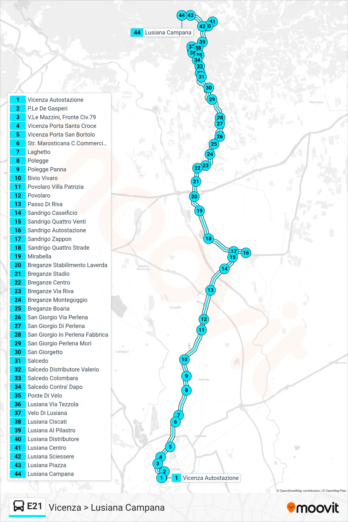 Linea E21 bus (Vicenza > Lusiana Campana) - Percorsi e fermate sulla mappa
