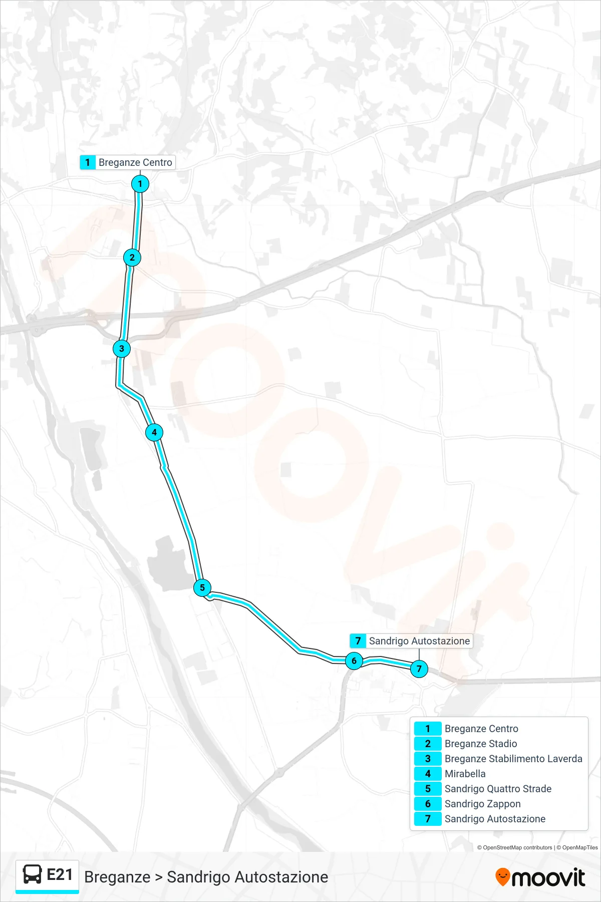 Linea E21 bus (Breganze > Sandrigo Autostazione) - Percorsi e fermate sulla mappa