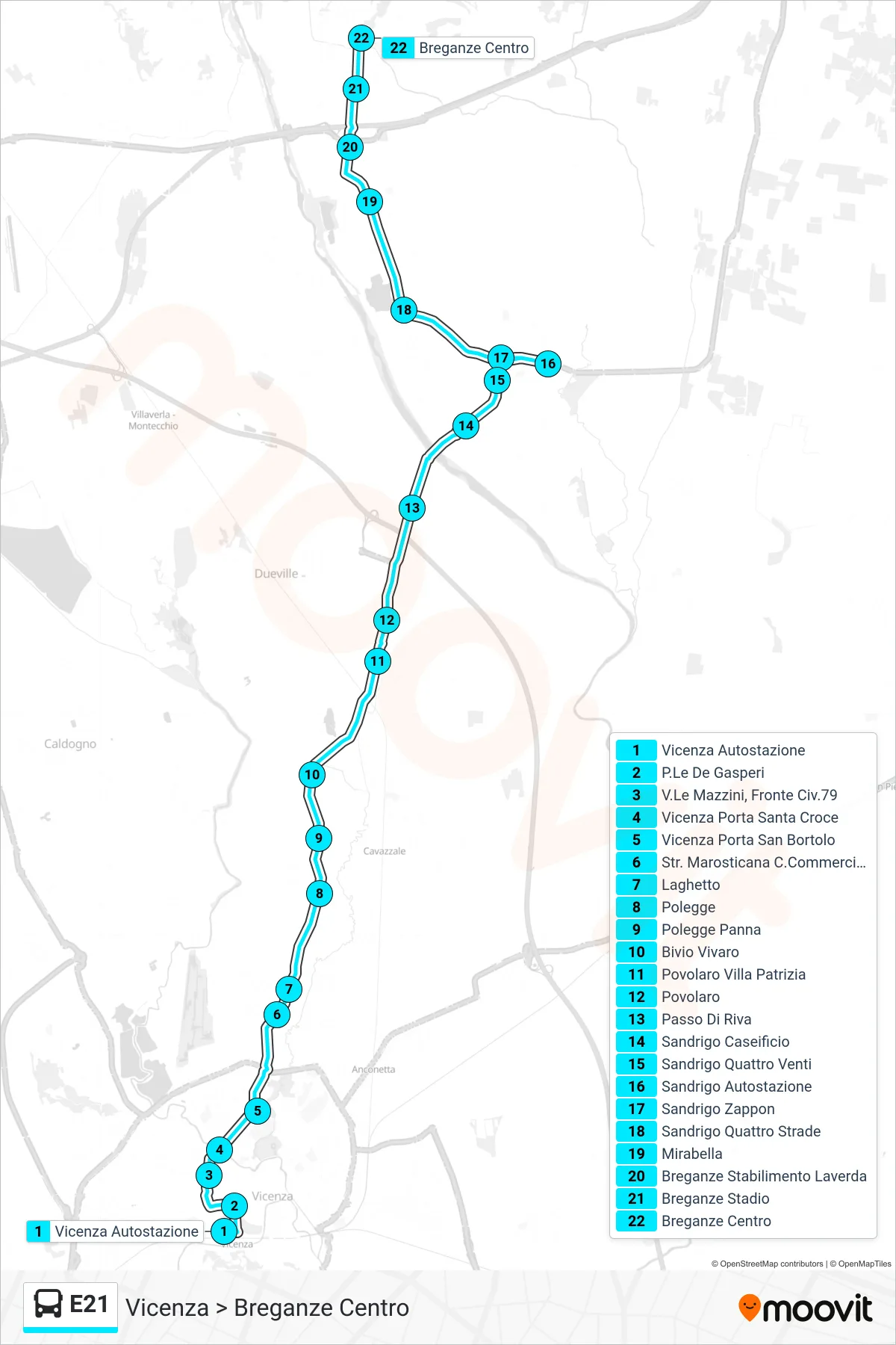 Linea E21 bus (Vicenza > Breganze Centro) - Percorsi e fermate sulla mappa
