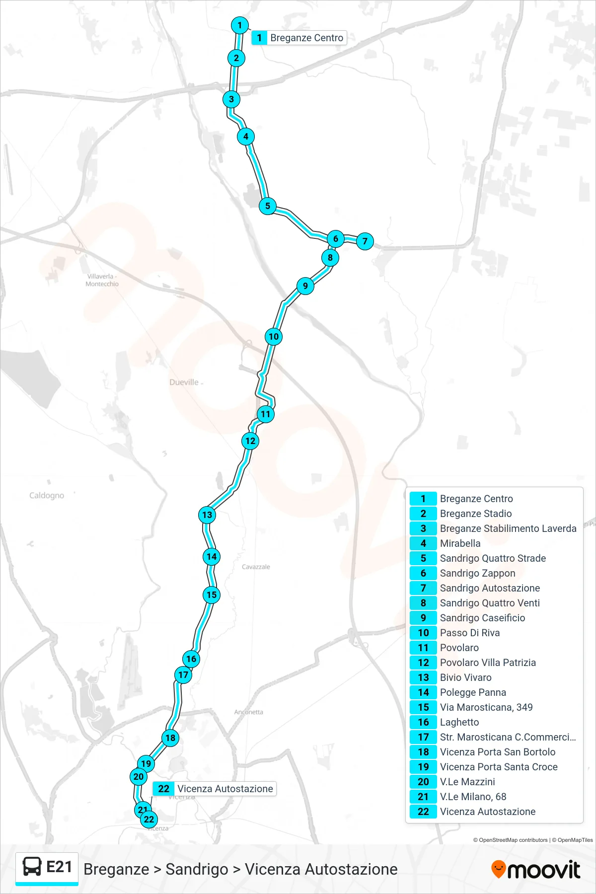 Linea E21 bus (Breganze > Sandrigo > Vicenza Autostazione) - Percorsi e fermate sulla mappa