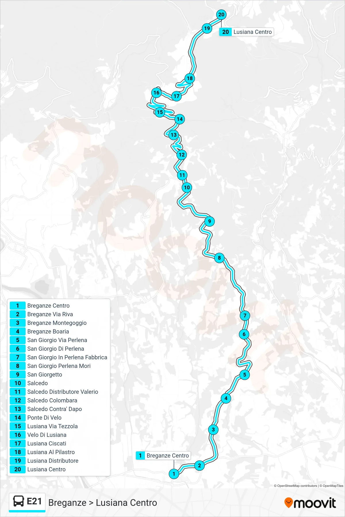 Linea E21 bus (Breganze > Lusiana Centro) - Percorsi e fermate sulla mappa