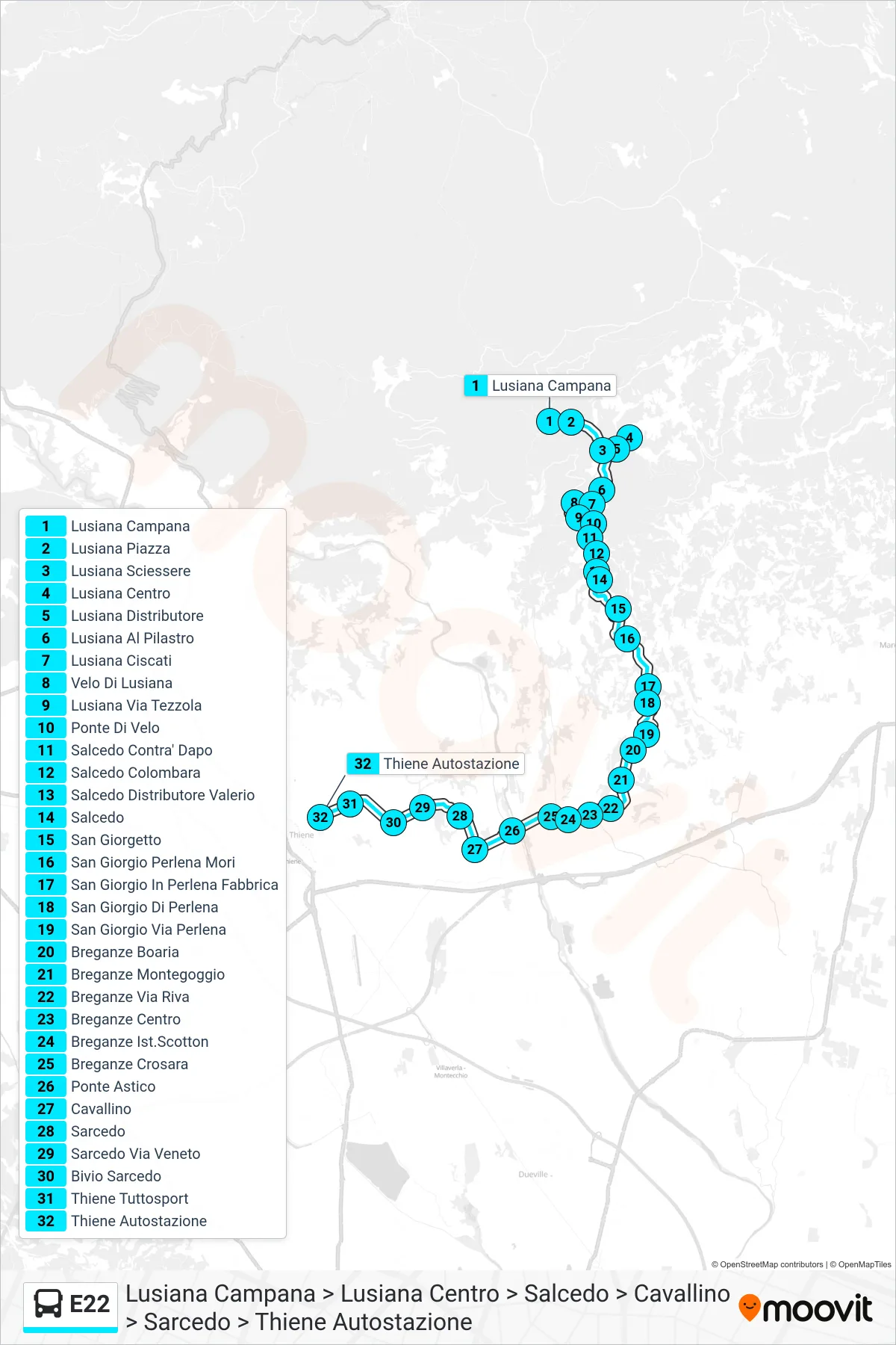 Linea E22 bus (Lusiana Campana > Lusiana Centro > Salcedo > Cavallino > Sarcedo > Thiene Autostazione) - Percorsi e fermate sulla mappa