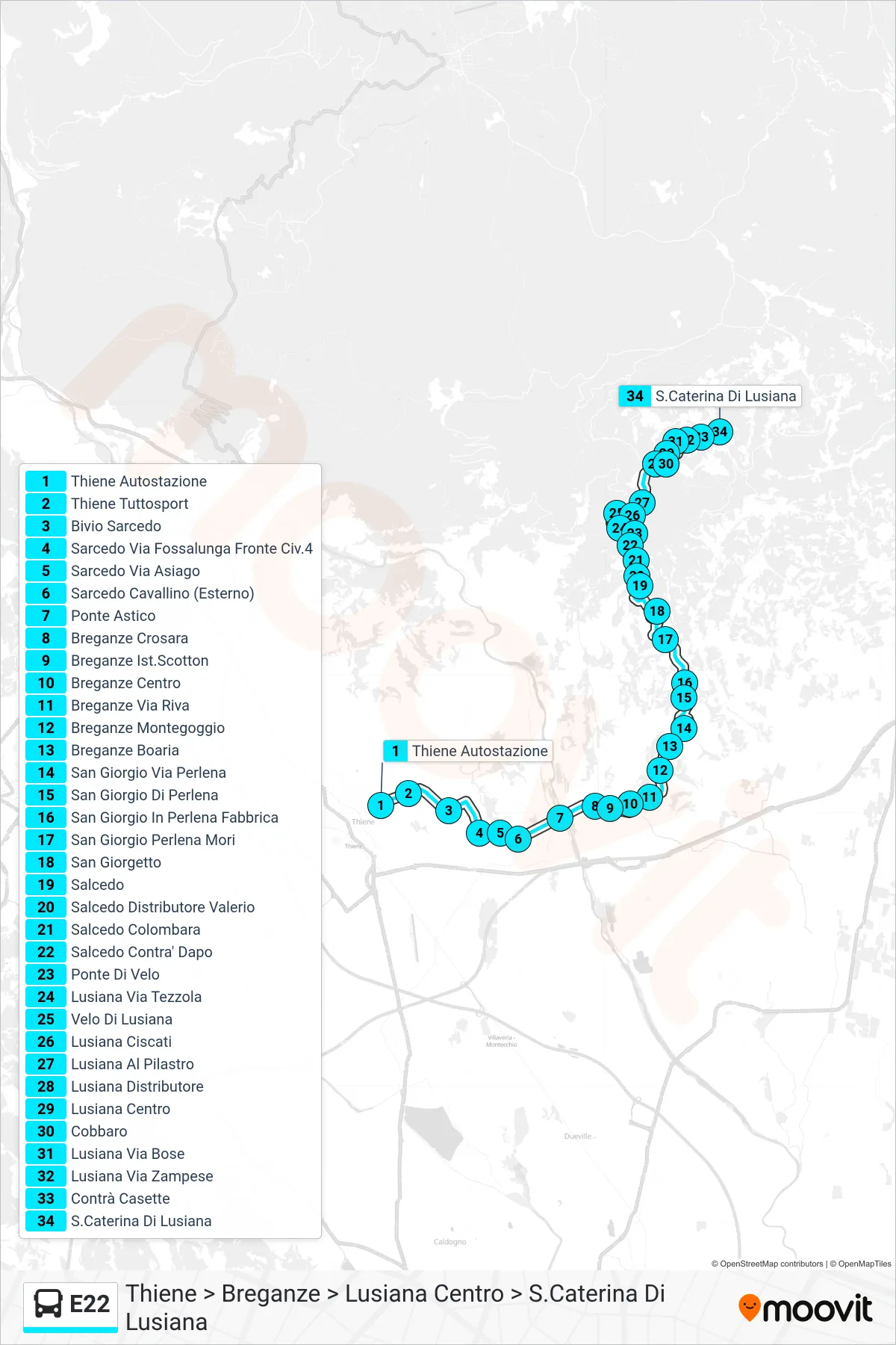 E22 bus Line (Thiene > Breganze > Lusiana Center > St. Caterina Di Lusiana) route and stops on a map