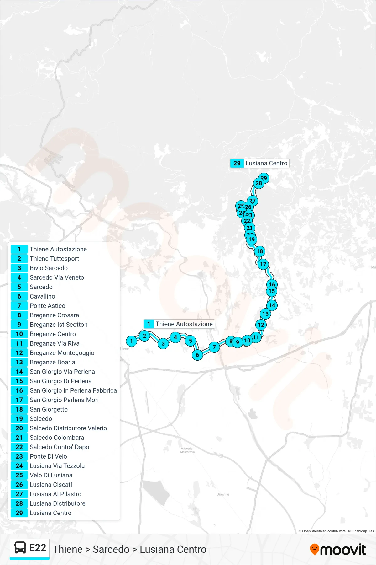 Linea E22 bus (Thiene > Sarcedo > Lusiana Centro) - Percorsi e fermate sulla mappa