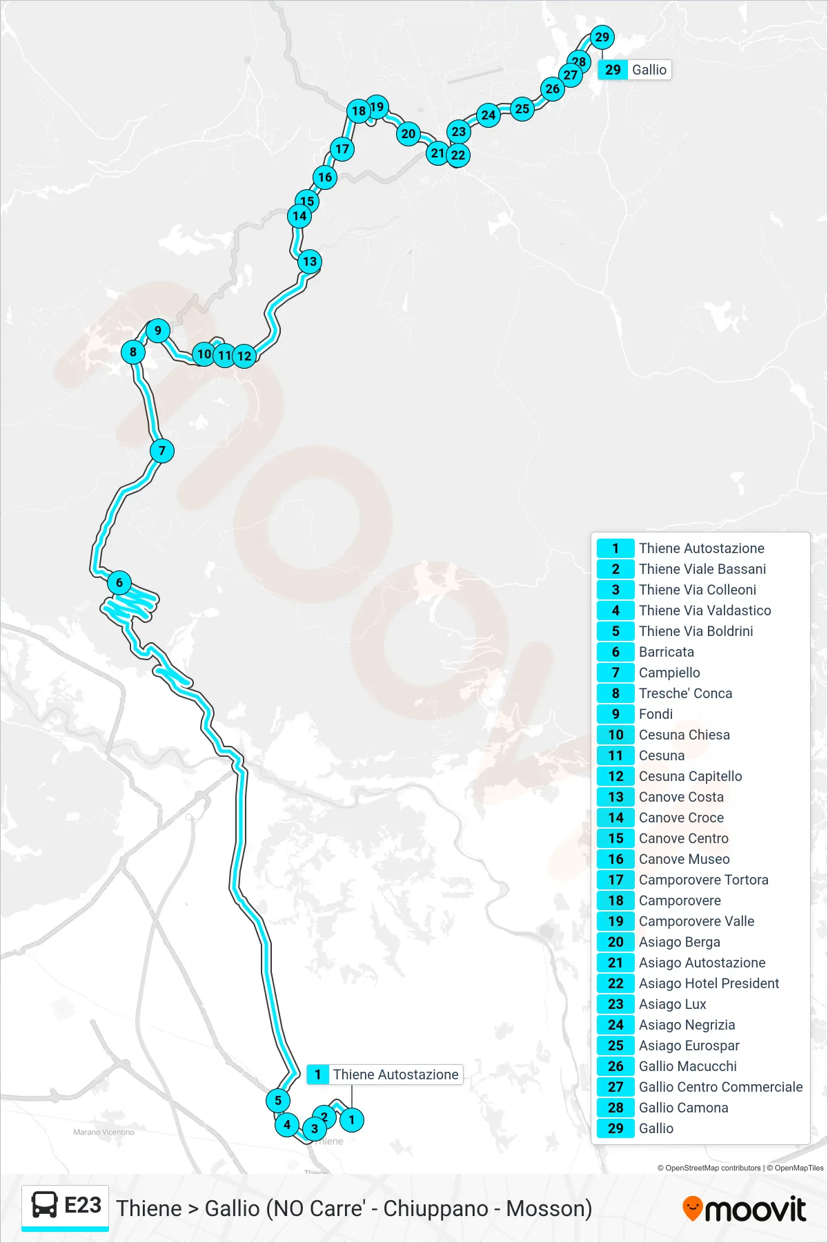Linea E23 bus (Thiene > Gallio (NO Carre' - Chiuppano - Mosson)) - Percorsi e fermate sulla mappa