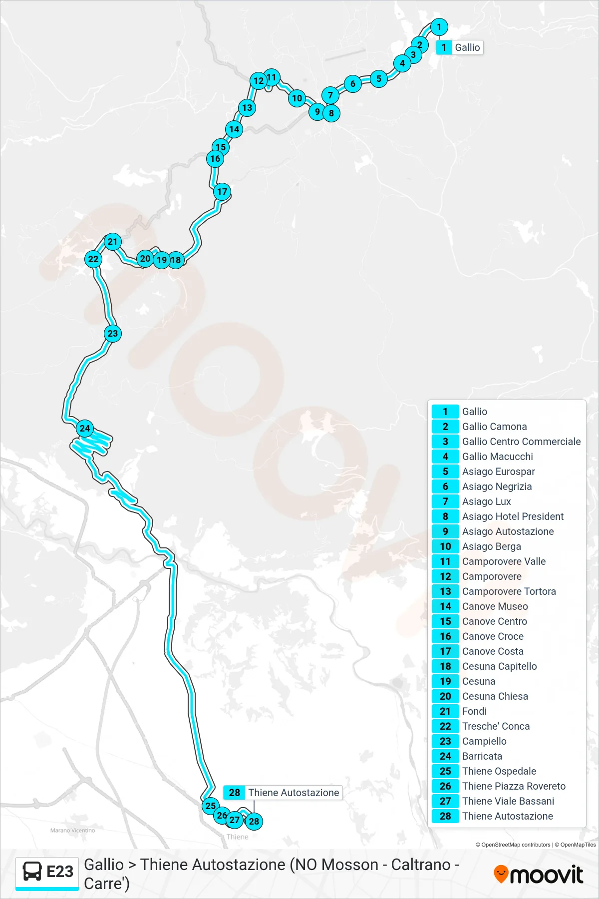 Linea E23 bus (Gallio > Thiene Autostazione (NO Mosson - Caltrano - Carre')) - Percorsi e fermate sulla mappa