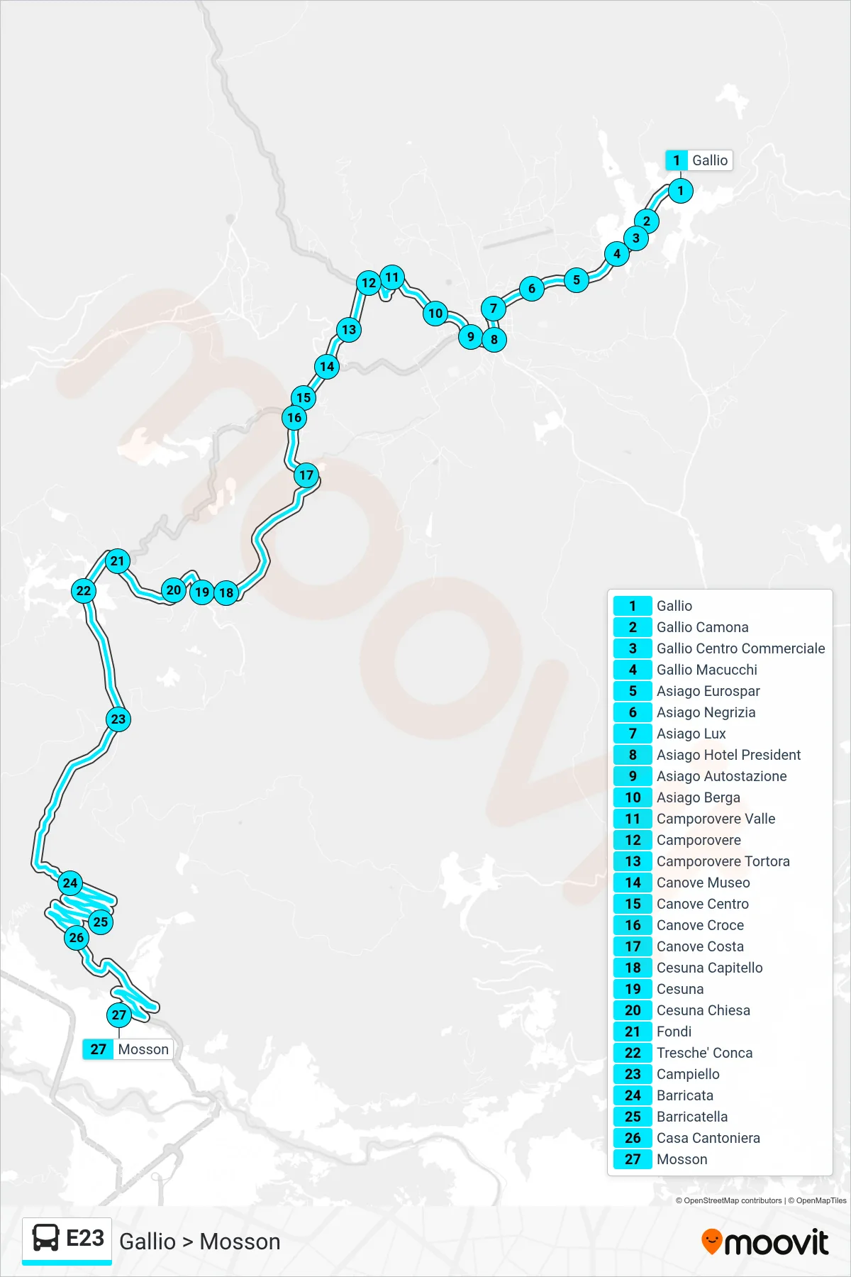 E23 bus Line (Gallio to Mosson) route and stops on a map