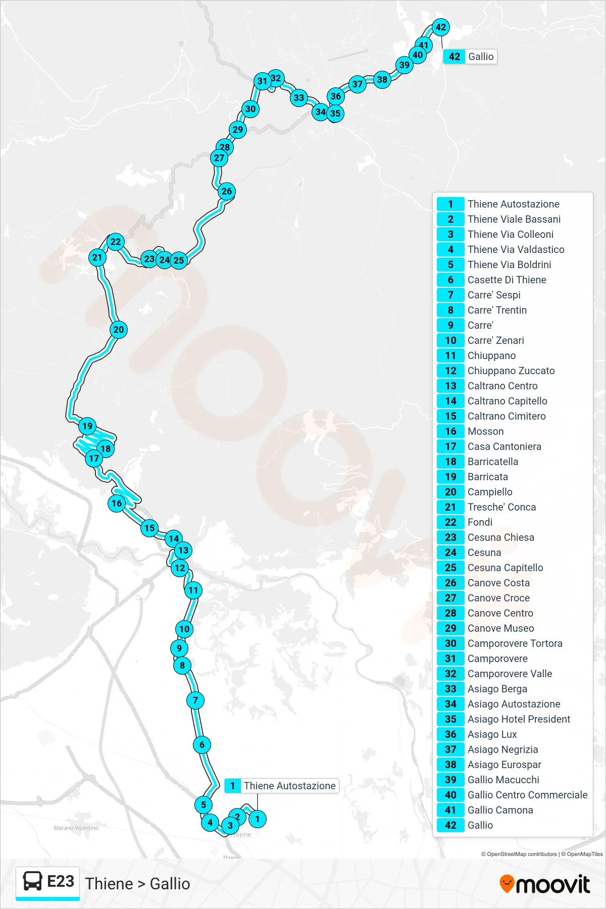 Linea E23 bus (Thiene > Gallio) - Percorsi e fermate sulla mappa