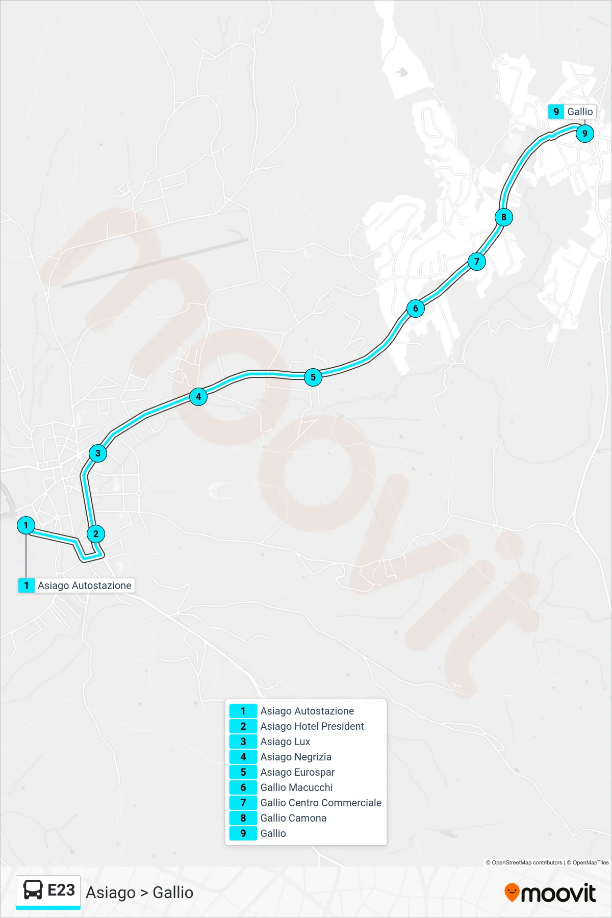 Linea E23 bus (Asiago > Gallio) - Percorsi e fermate sulla mappa