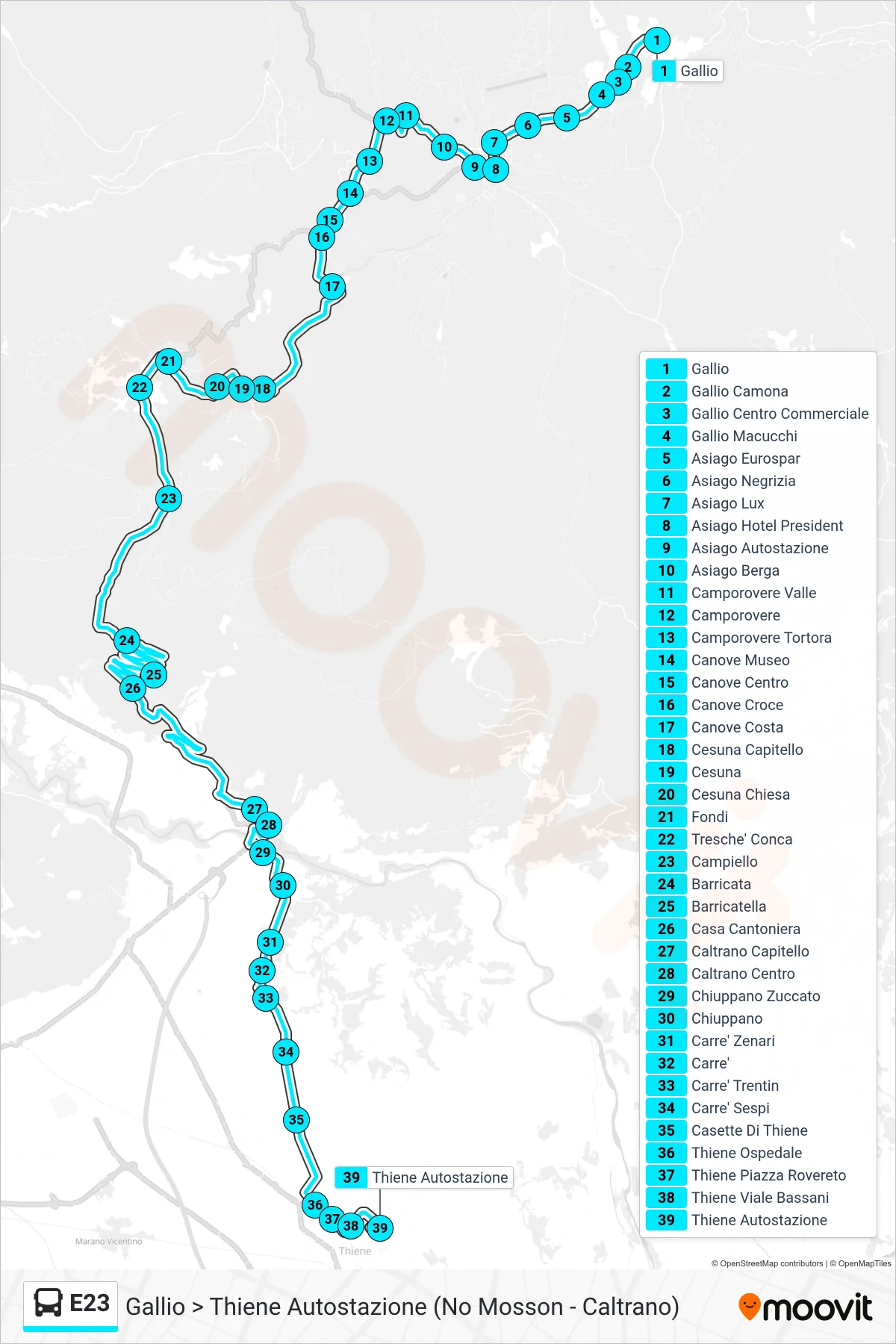 Linea E23 bus (Gallio > Thiene Autostazione (No Mosson - Caltrano)) - Percorsi e fermate sulla mappa