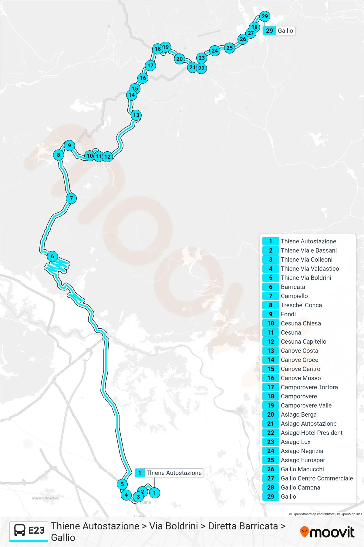 E23 bus Line (Thiene Bus Station via Boldrini via Direct Barricata to Gallio) route and stops on a map