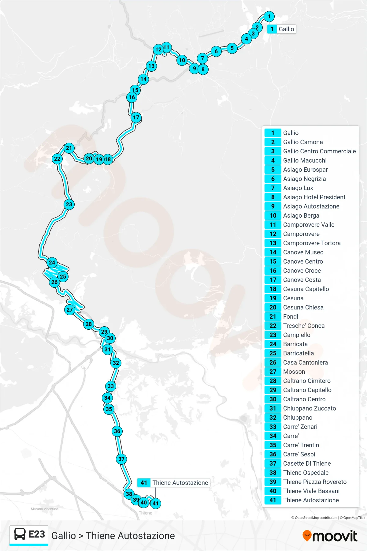 Linea E23 bus (Gallio > Thiene Autostazione) - Percorsi e fermate sulla mappa
