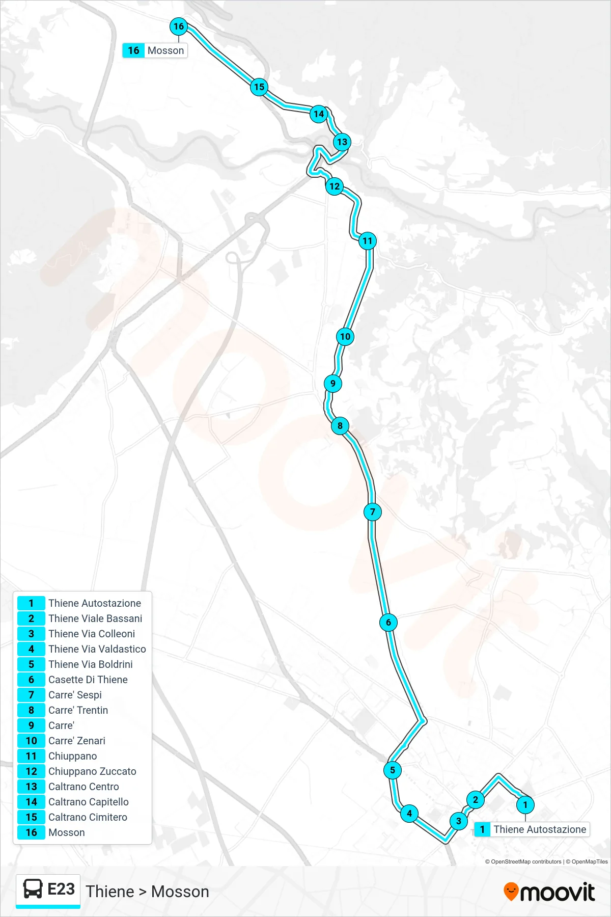 Linea E23 bus (Thiene > Mosson) - Percorsi e fermate sulla mappa