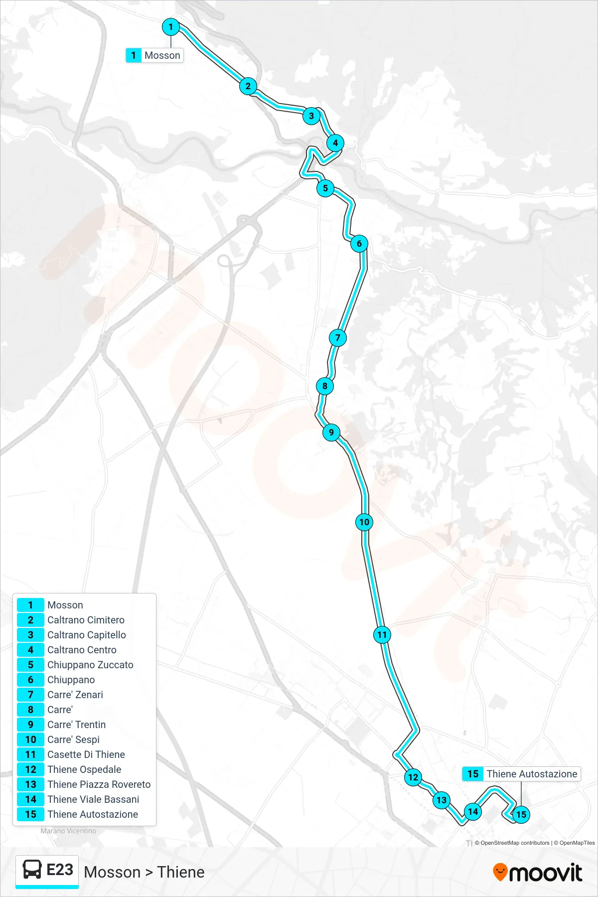 Linea E23 bus (Mosson > Thiene) - Percorsi e fermate sulla mappa
